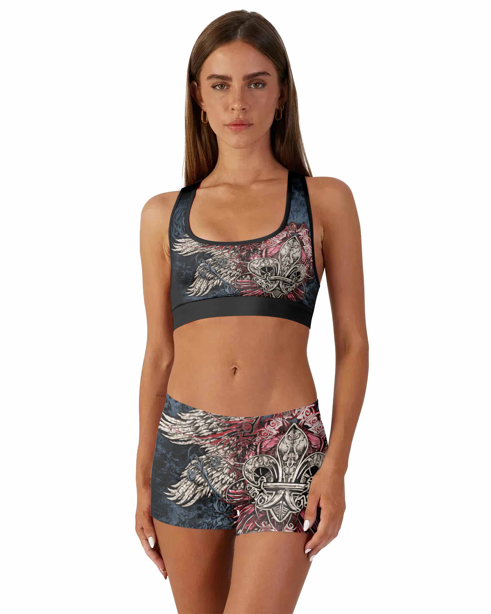 Metallic Embossed Angel Women's Workout Set - front lifestyle view