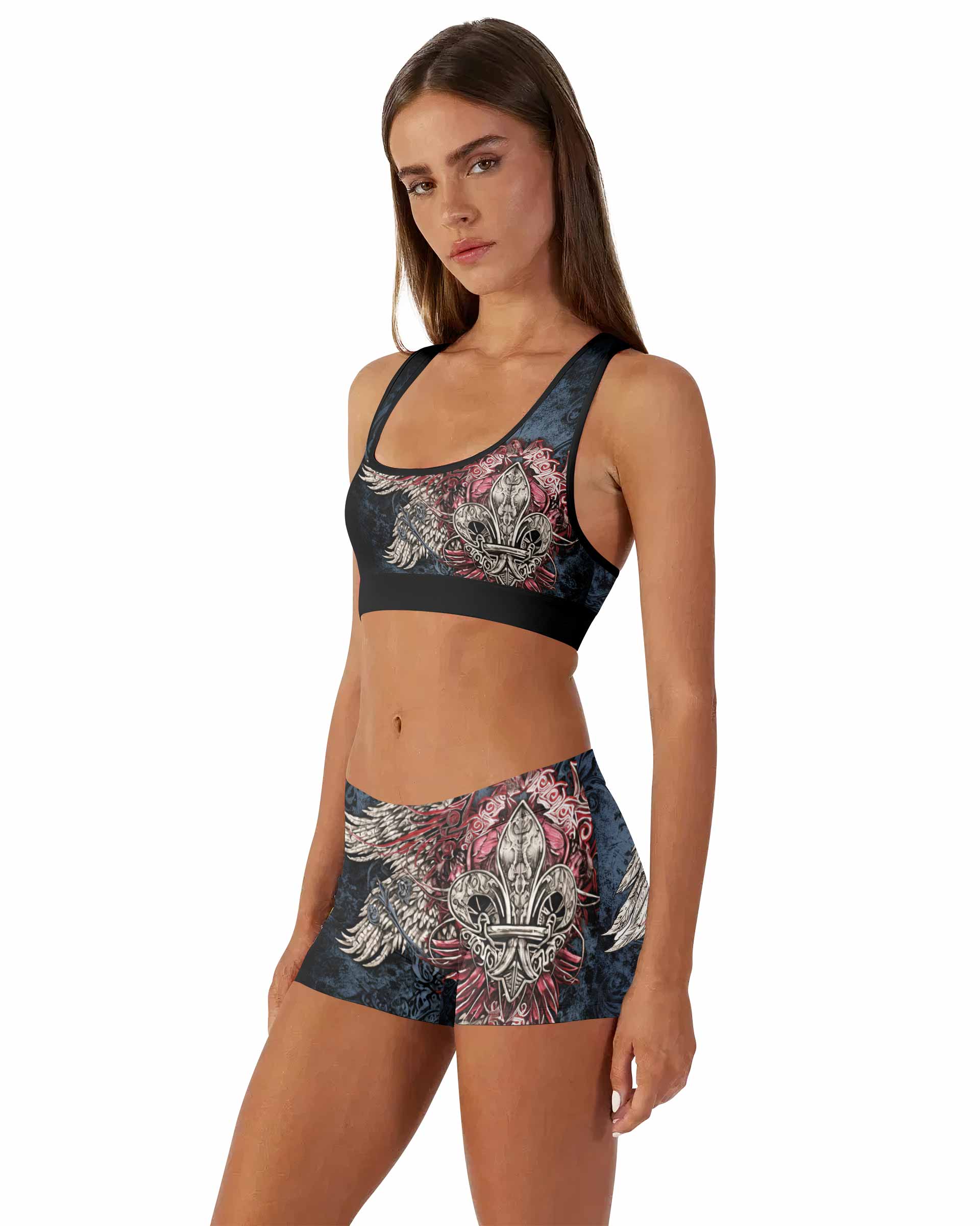 Metallic Embossed Angel Women's Workout Set - side lifestyle view