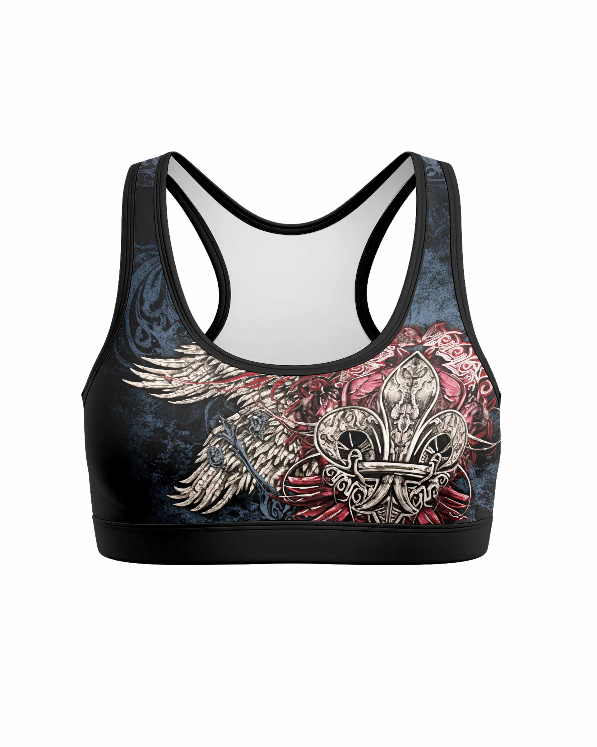 Metallic Embossed Angel Women's Padded Sports Bra - front view mockup