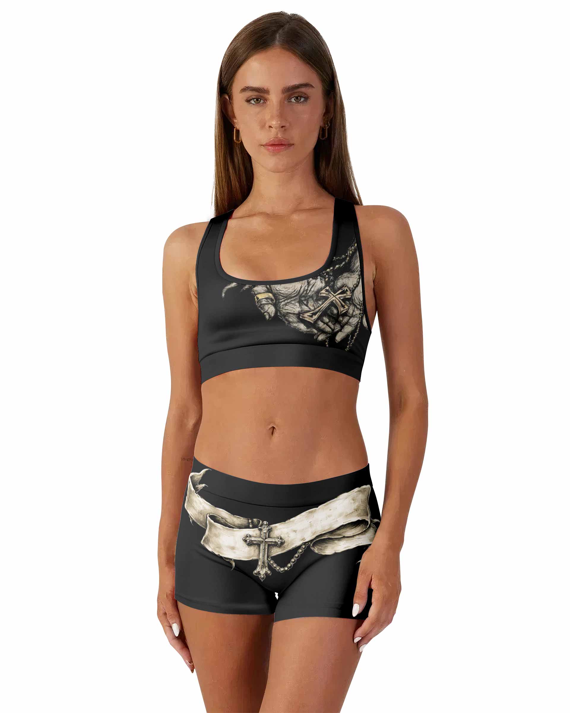 Praying Hands Skull Women's Workout Set - front lifestyle view