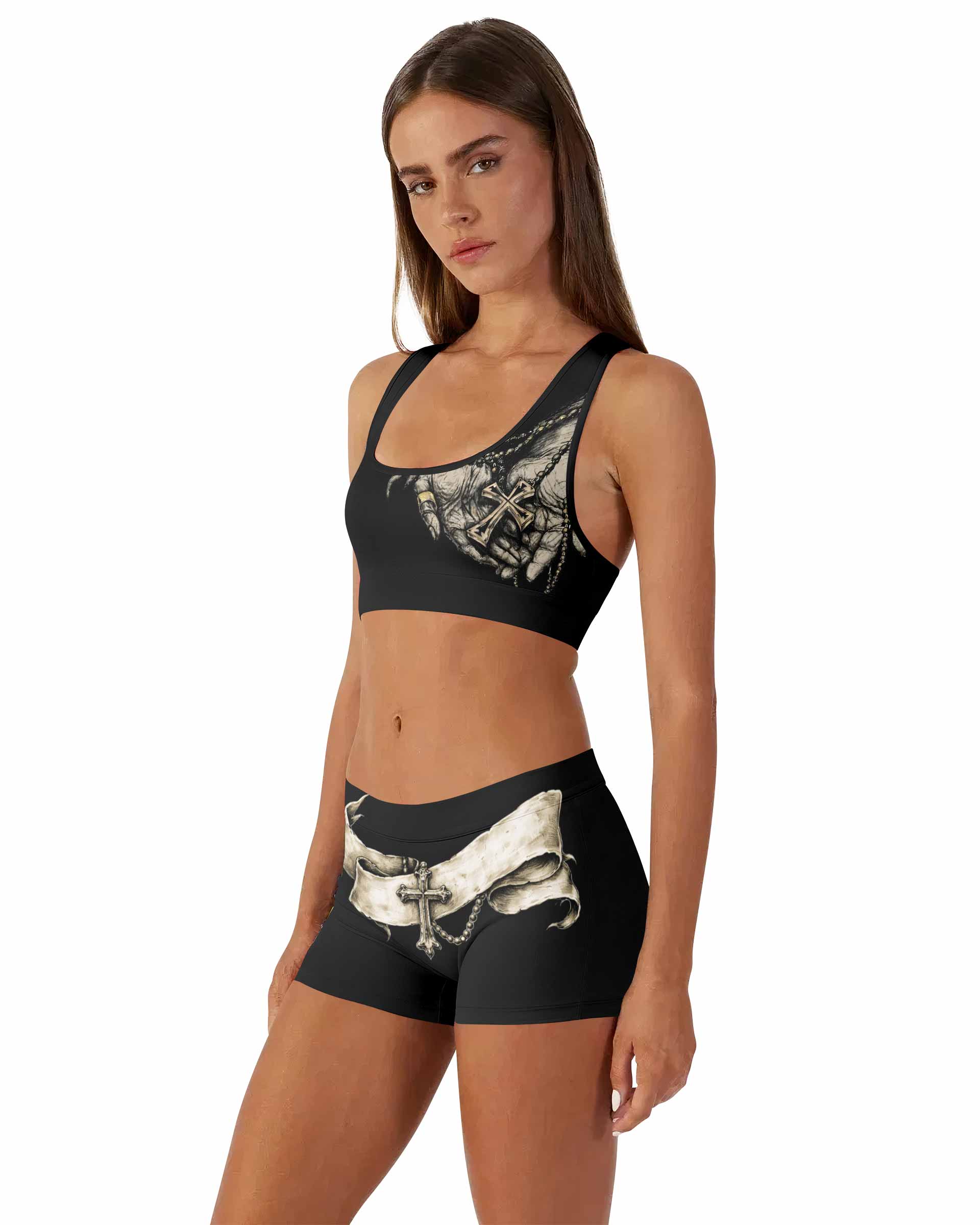 Praying Hands Skull Women's Workout Set - side lifestyle view