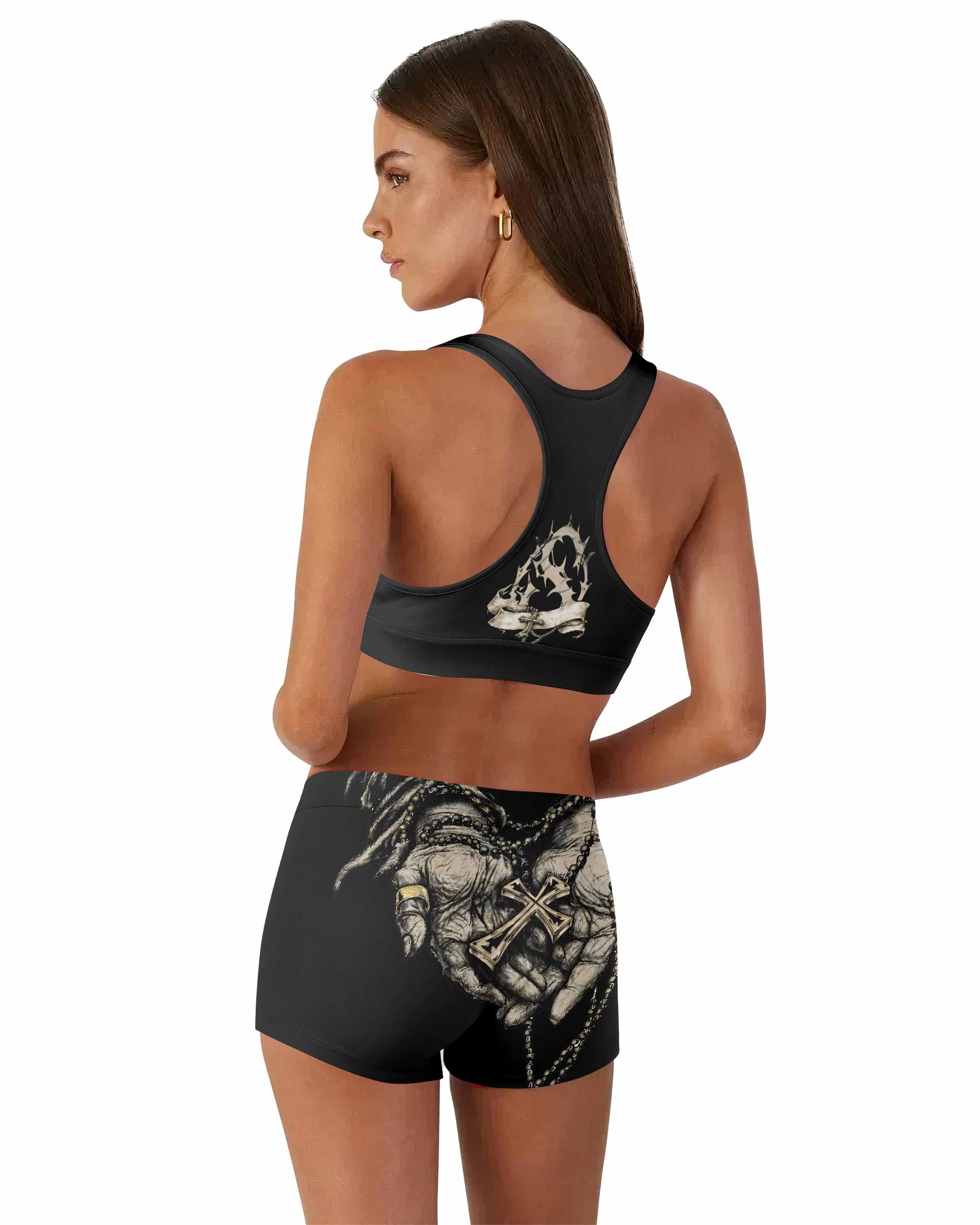 Praying Hands Skull Women's Workout Set - back lifestyle view