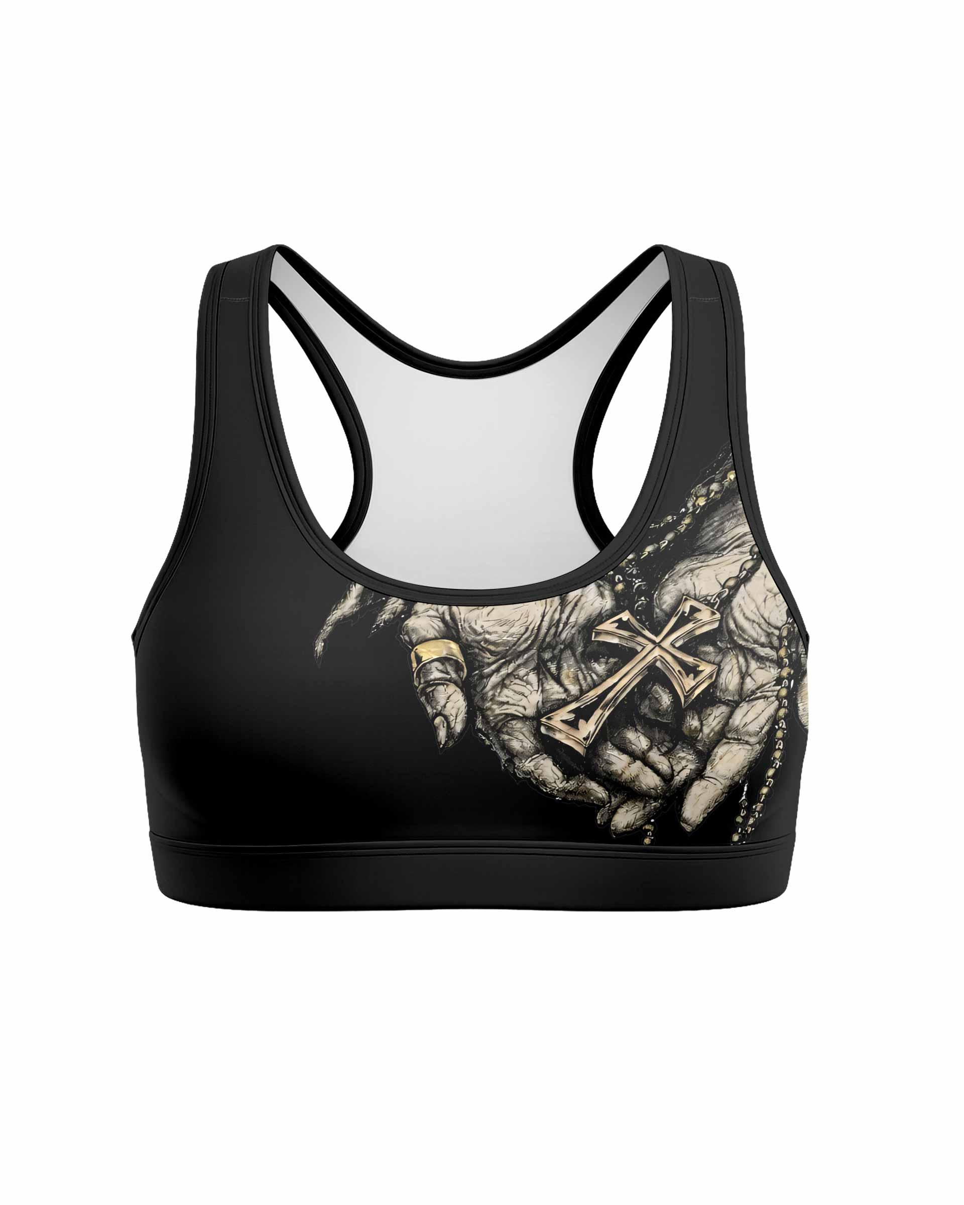 Praying Hands Skull Women's Padded Sports Bra - front view mockup