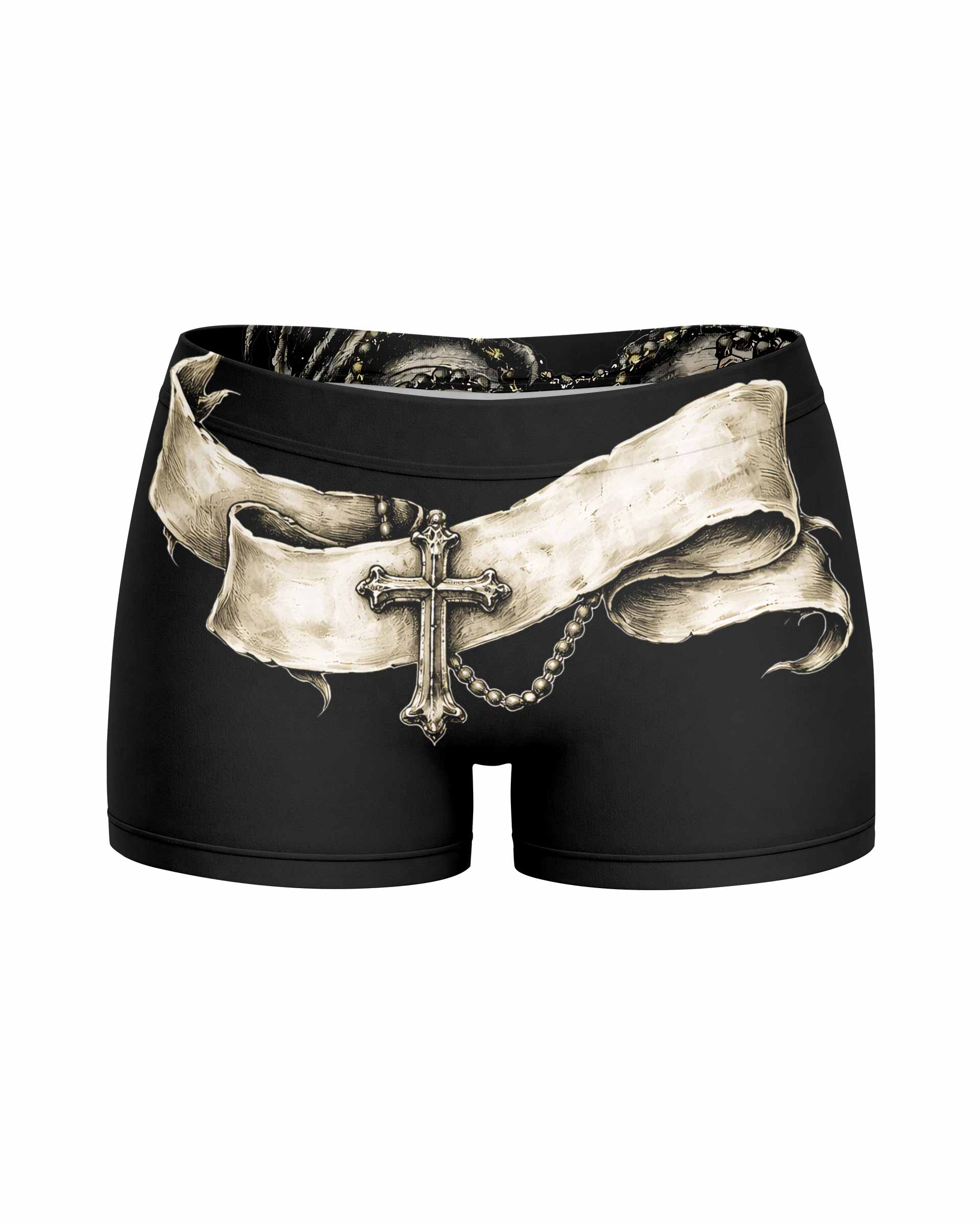 Praying Hands Skull Women's Yoga Shorts - front view mockup
