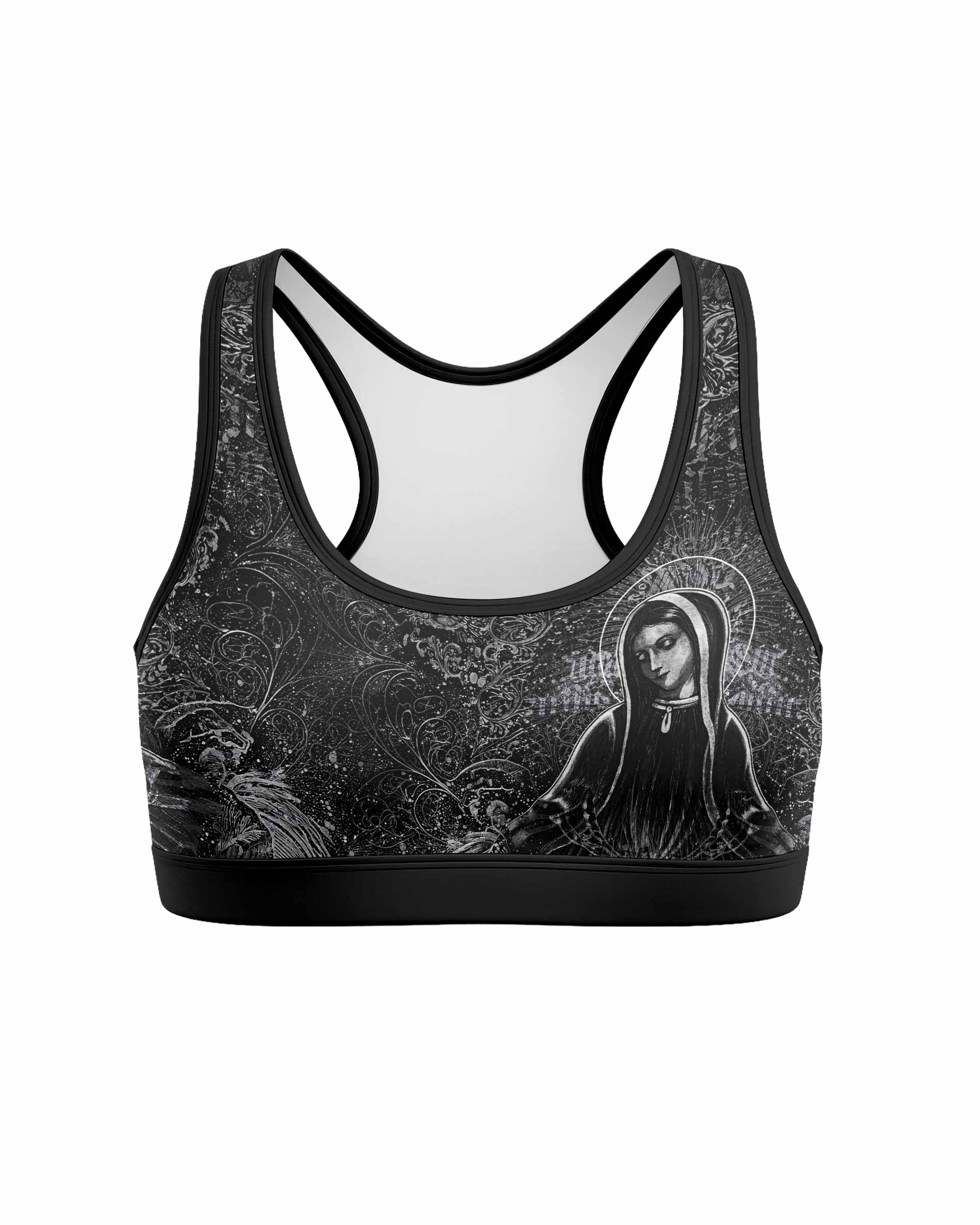 Virgin Mary Women's Padded Sports Bra - front view mockup