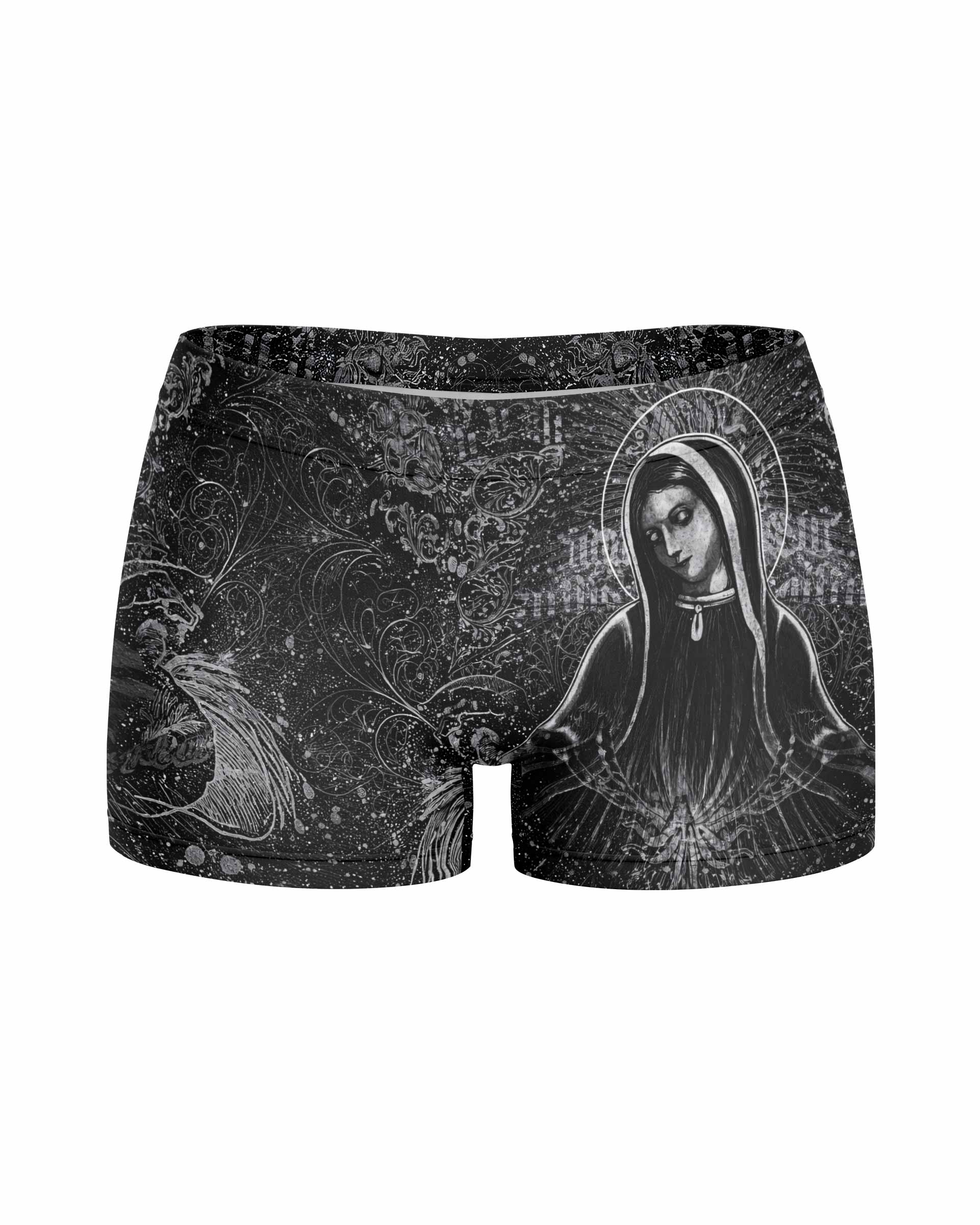 Virgin Mary Women's Yoga Shorts - front view mockup