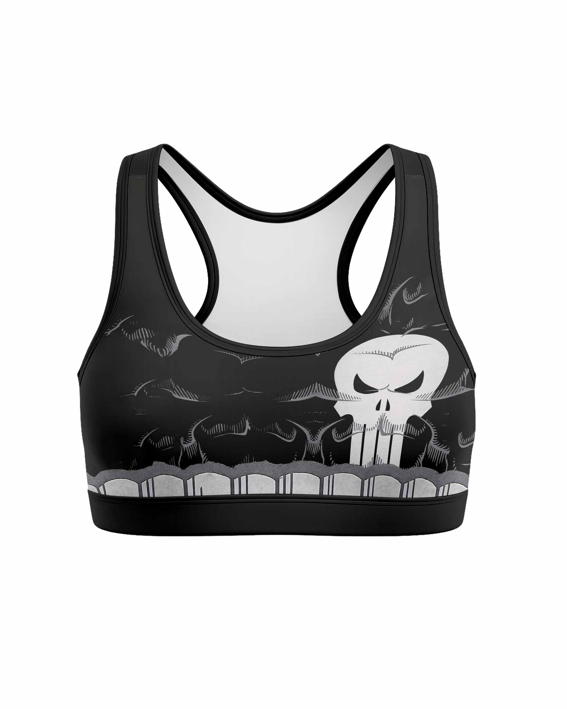 Punisher Skull Tactical Women's Padded Sports Bra - front view mockup