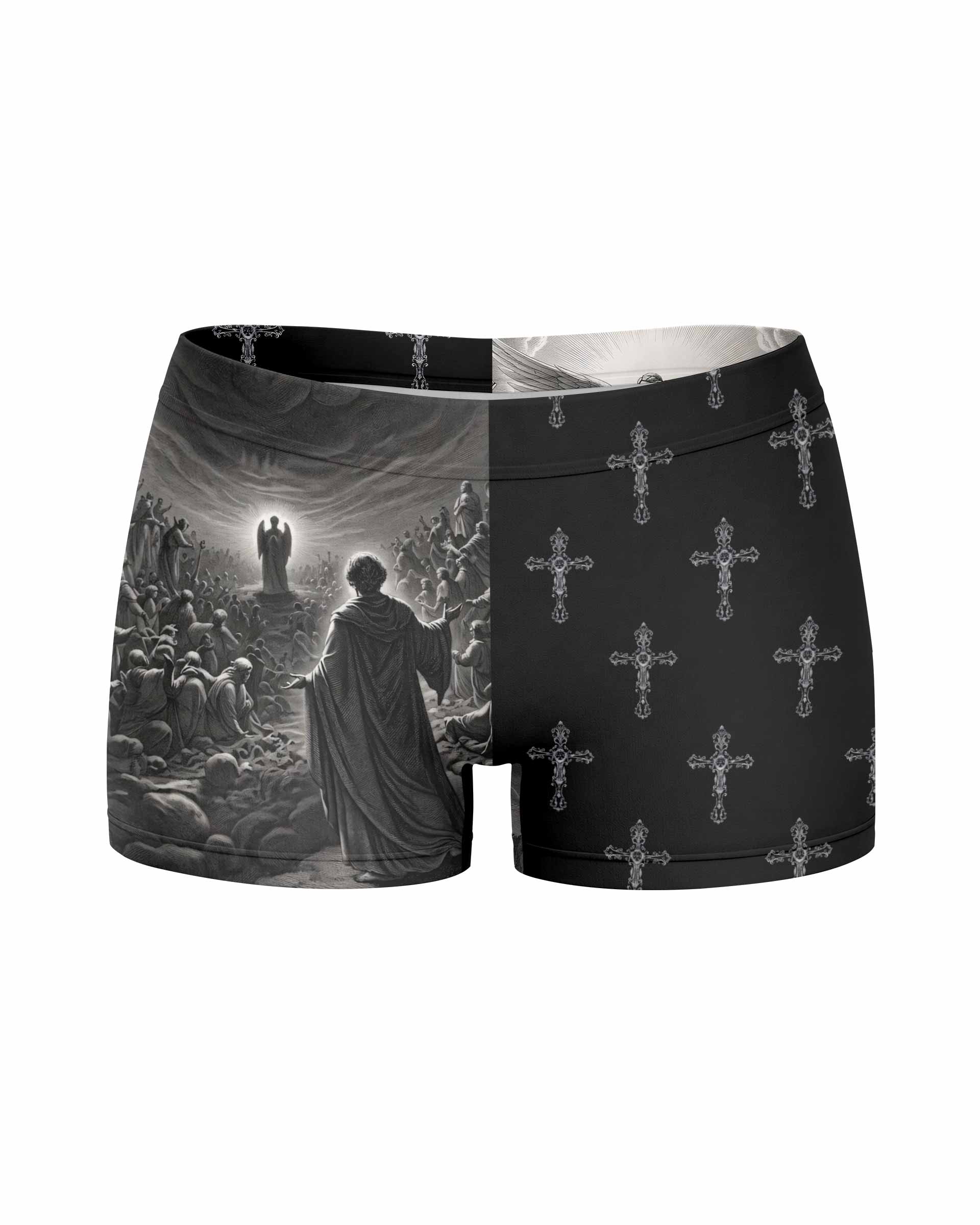 Jesus Saves Angel Ascension Women's Yoga Shorts - front view mockup