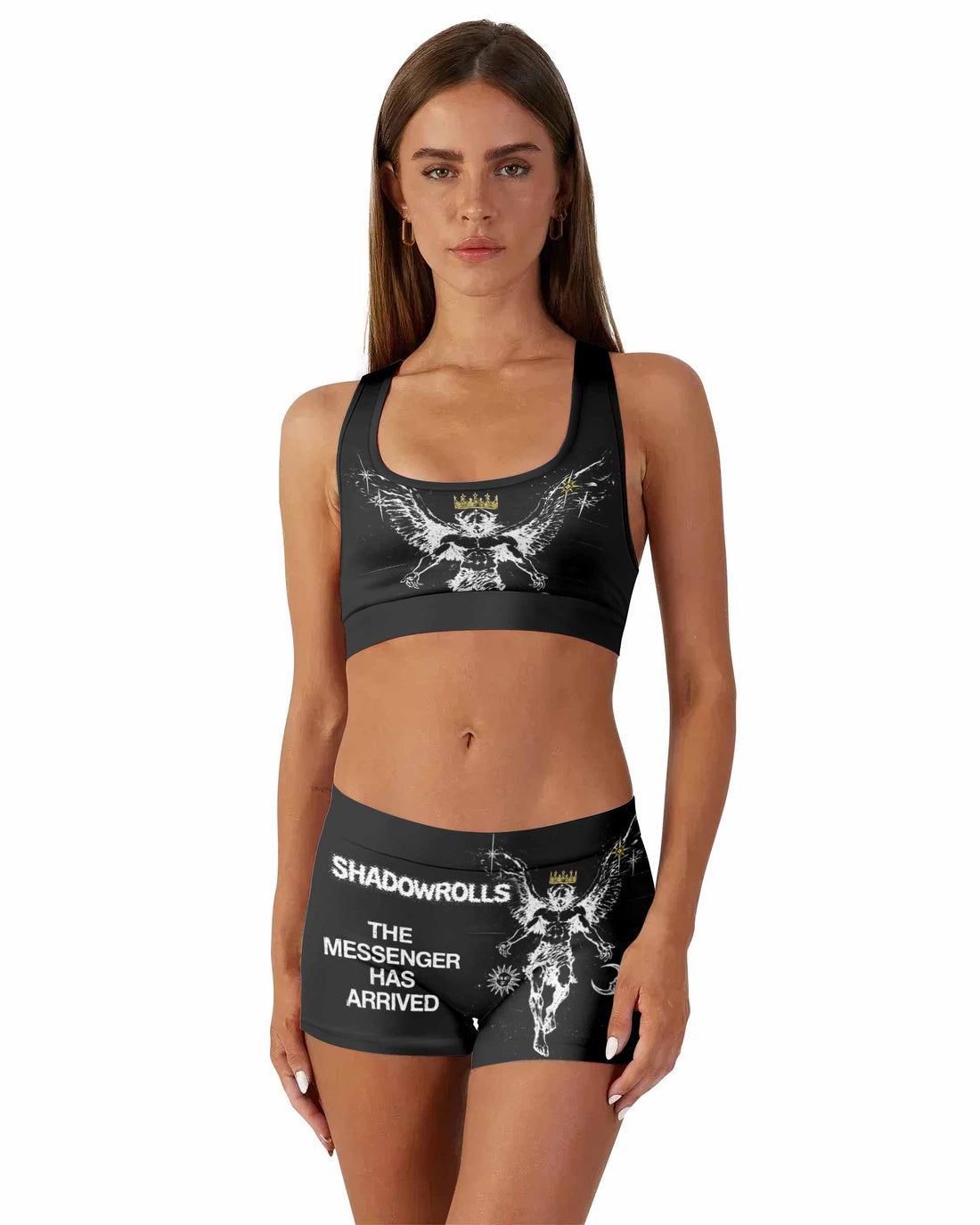 The Messenger Has Arrived Black Women's Workout Set - front lifestyle view