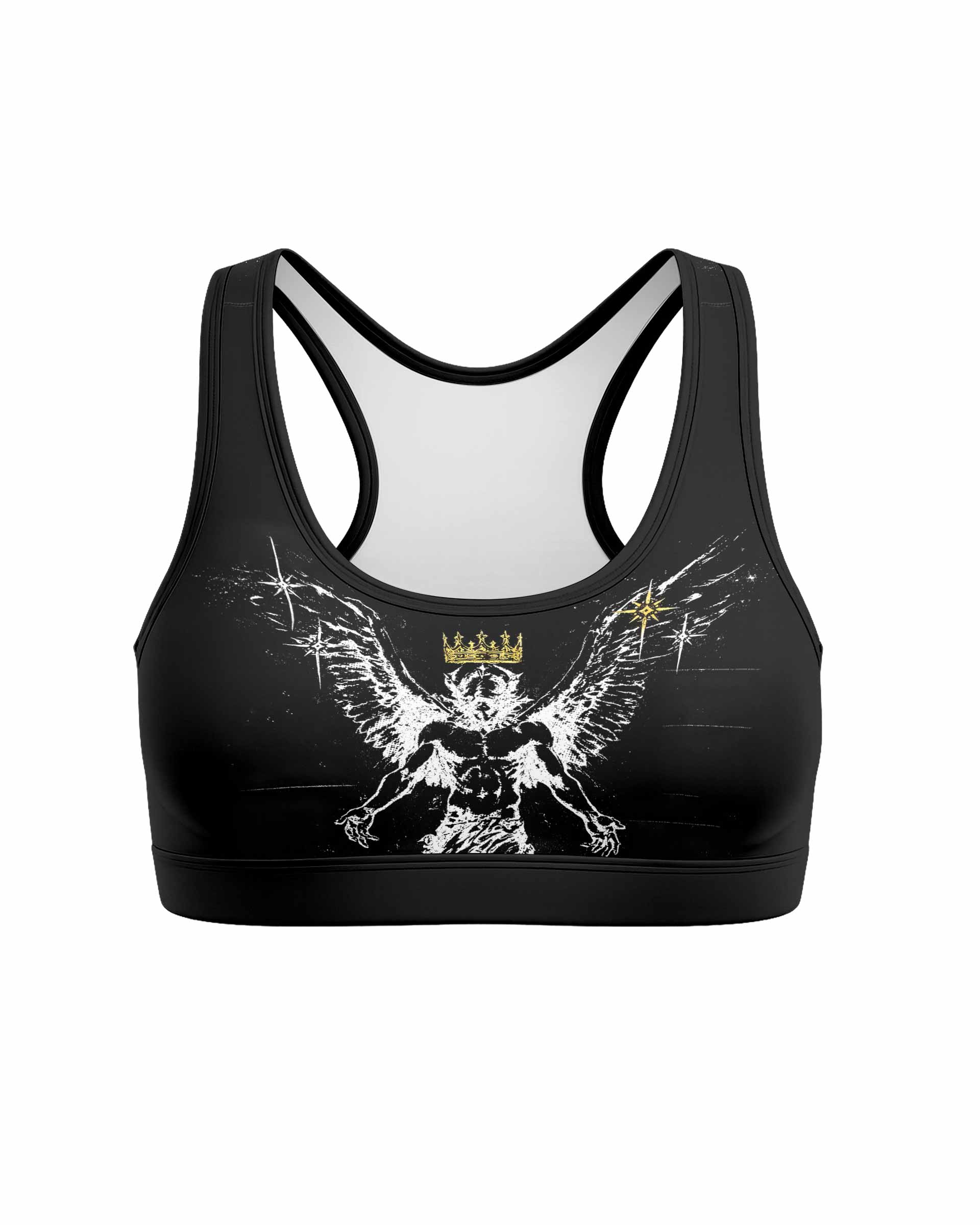 The Messenger Has Arrived Black Women's Padded Sports Bra - front view mockup