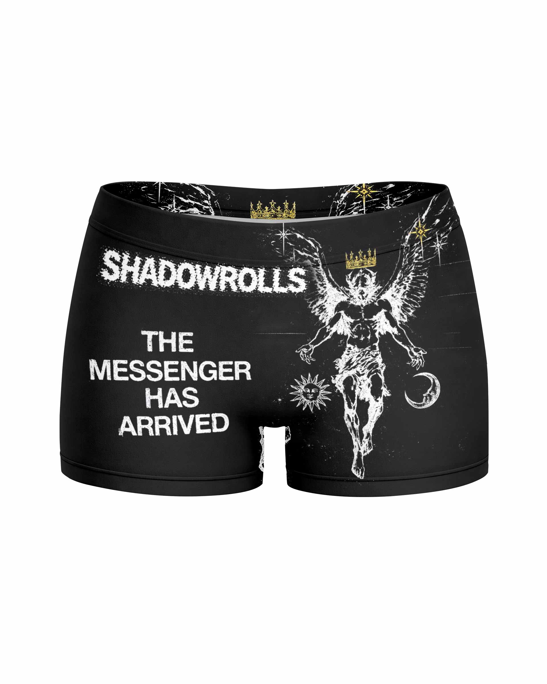 The Messenger Has Arrived Black Women's Yoga Shorts - front view mockup