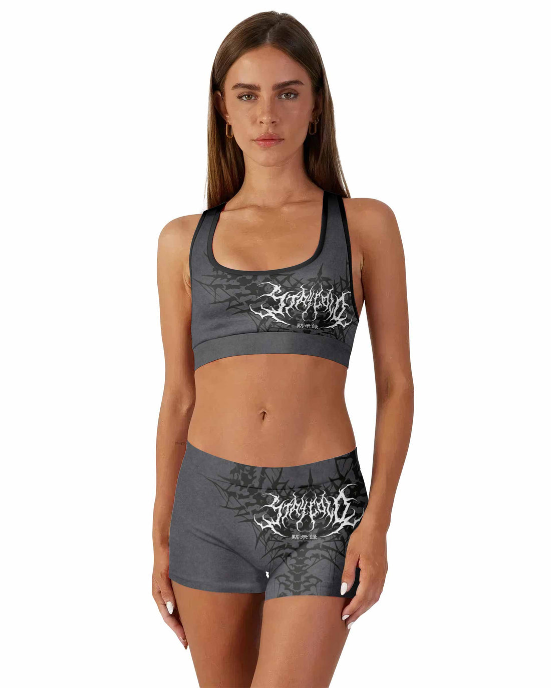 Black Metal Gothic Spine Women's Workout Set - front lifestyle view