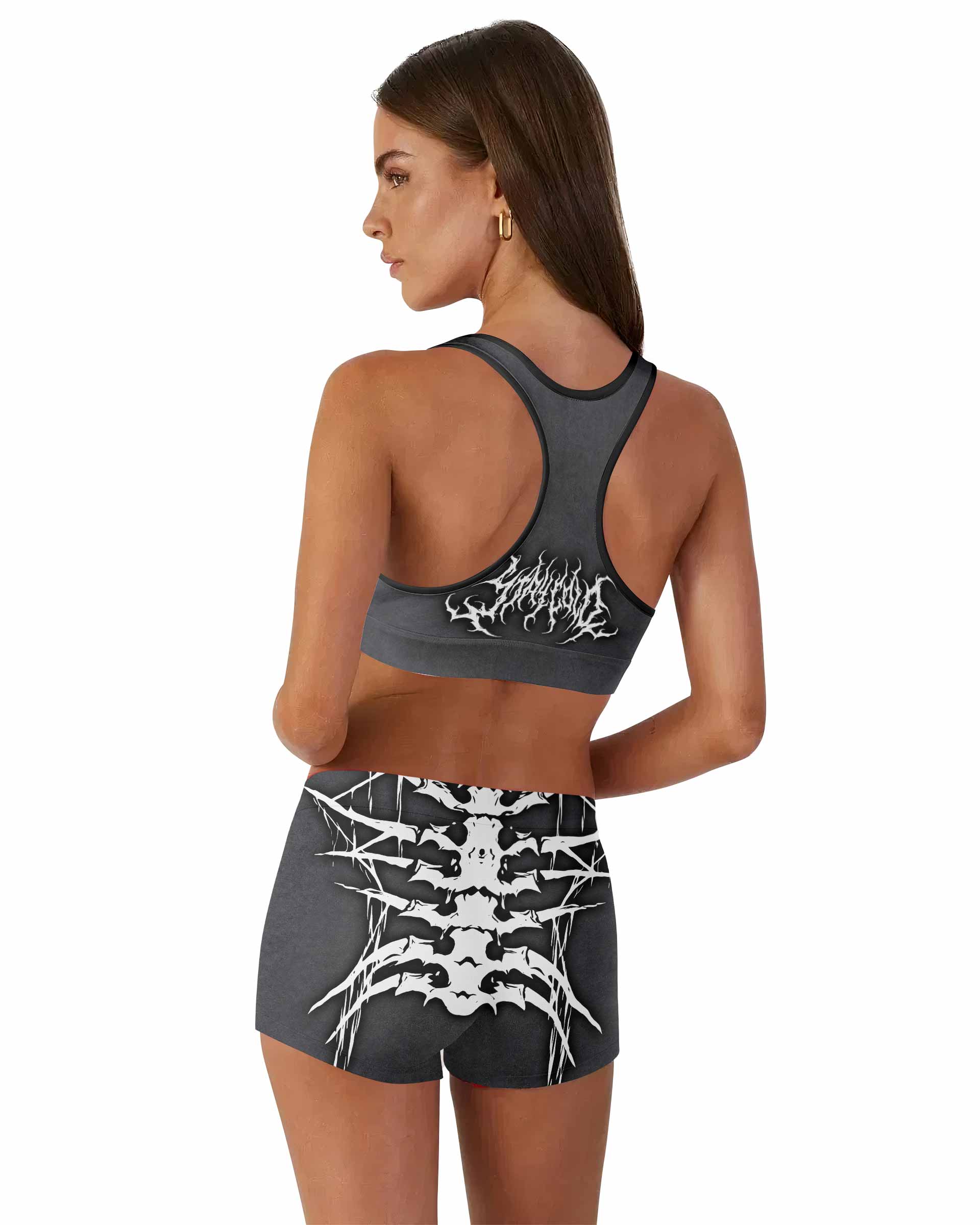 Black Metal Gothic Spine Women's Workout Set - back lifestyle view