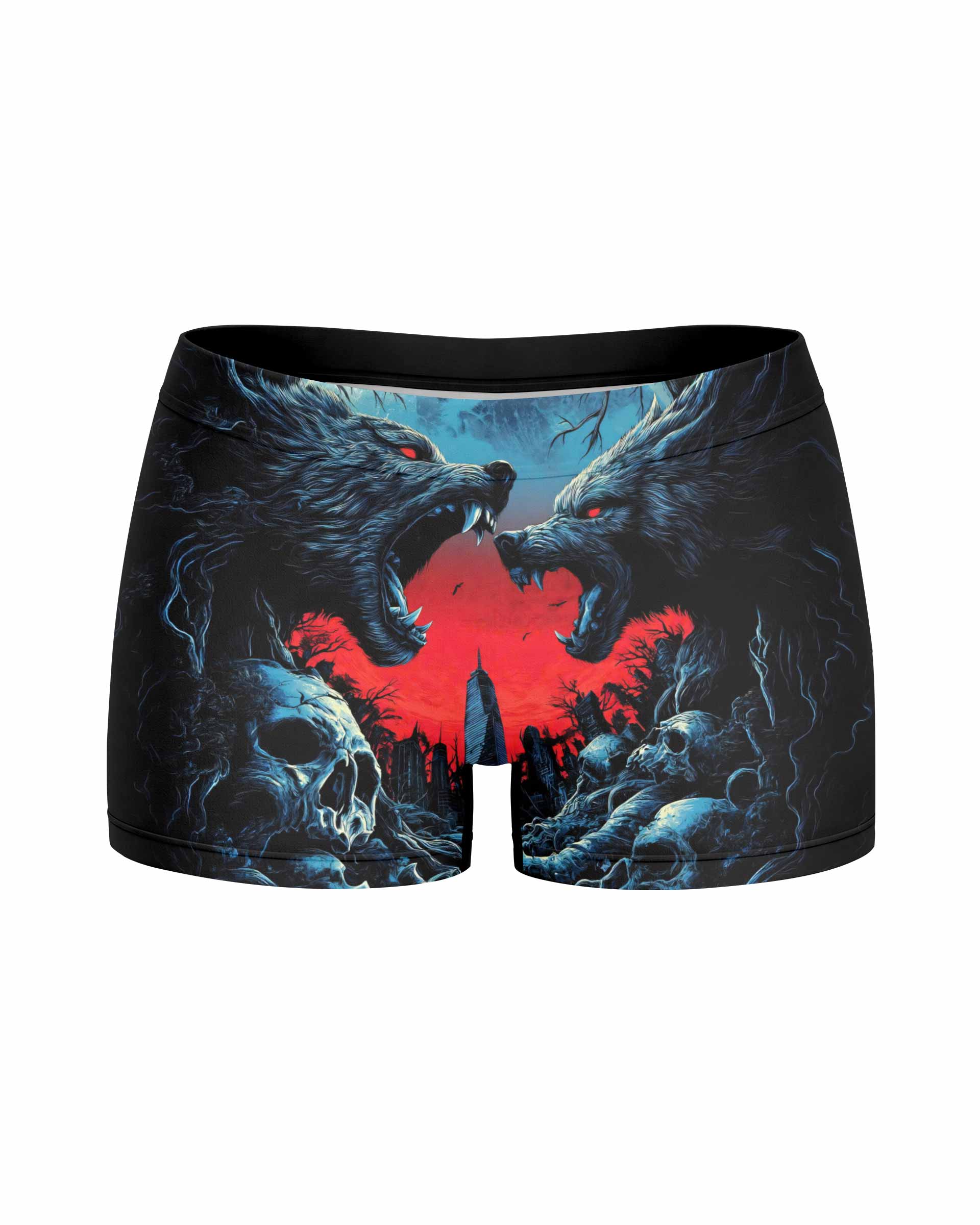 Twin Wolf Apocalypse Women's Yoga Shorts - front view mockup