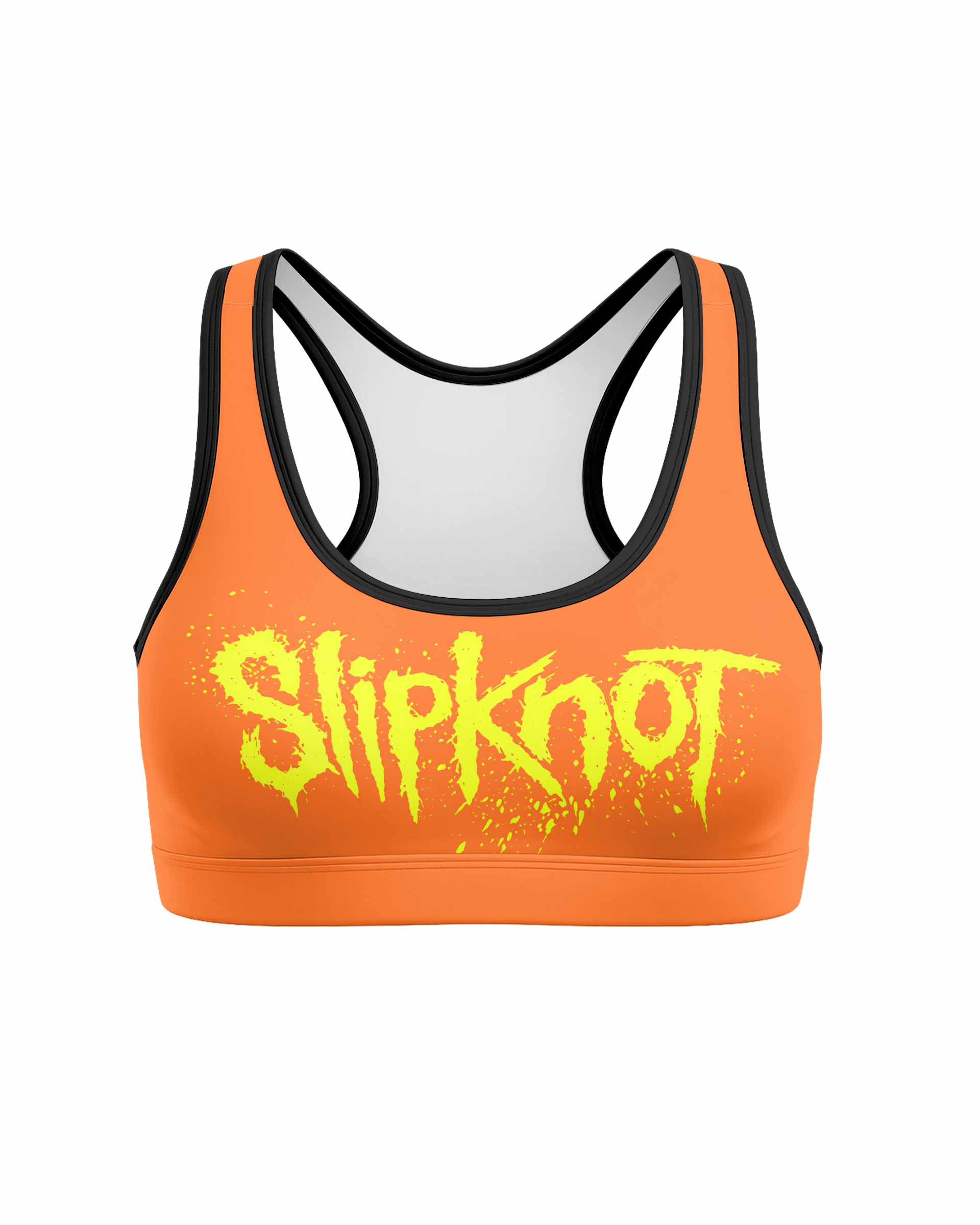 Slipknot Splatter Orange Women's Padded Sports Bra - front view mockup