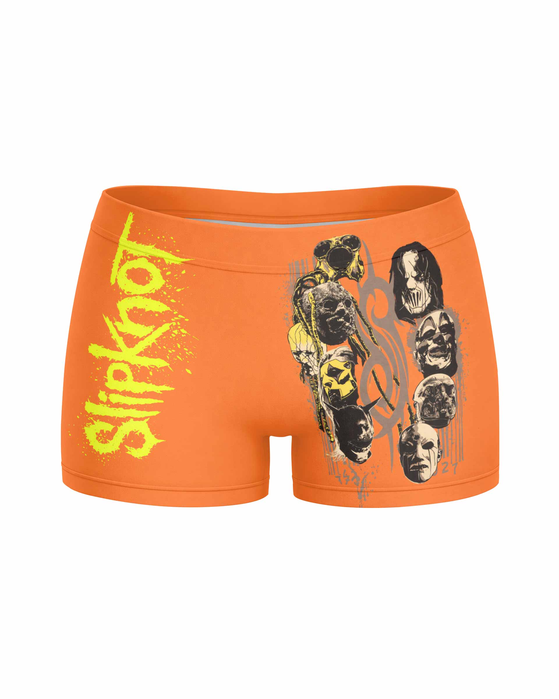 Slipknot Splatter Orange Women's Yoga Shorts - front view mockup