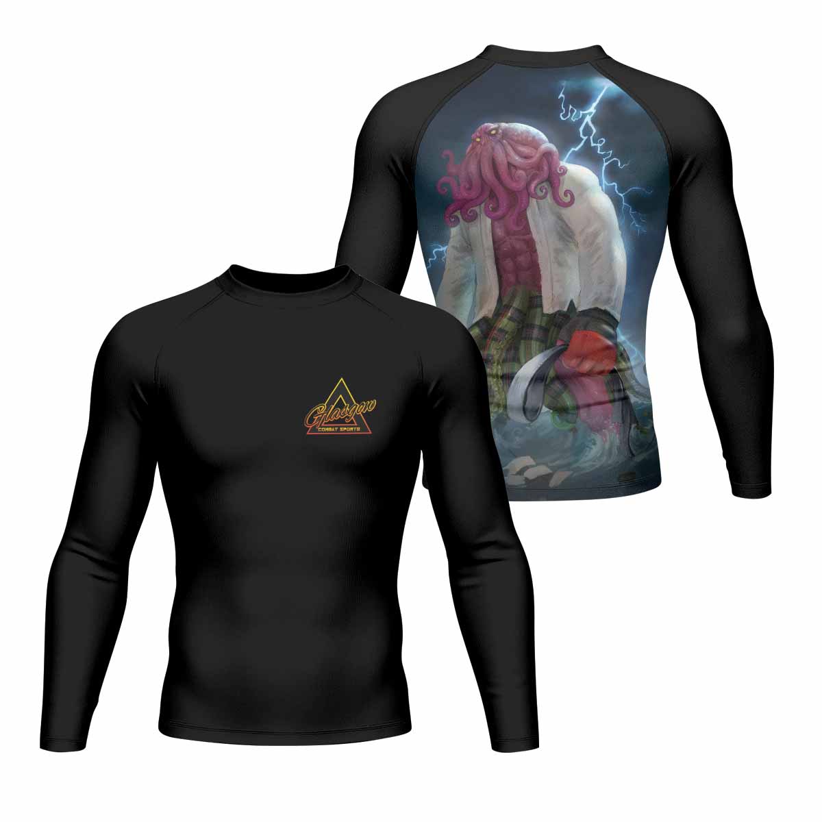 White Ranked Cthulhu Men's Rash Guard Long Sleeve – front and back view