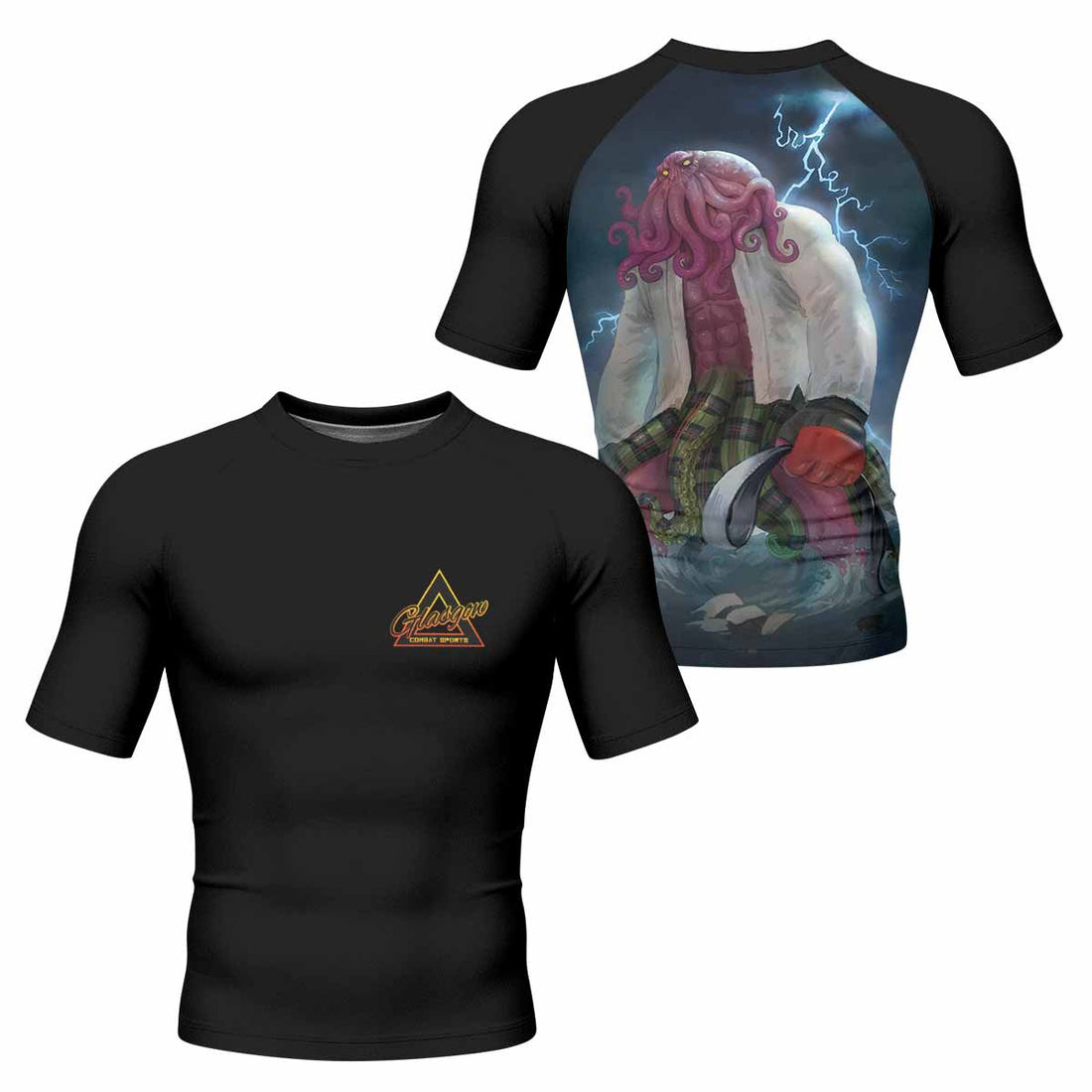 White Ranked Cthulhu Men's Rash Guard Short Sleeve – front and back view