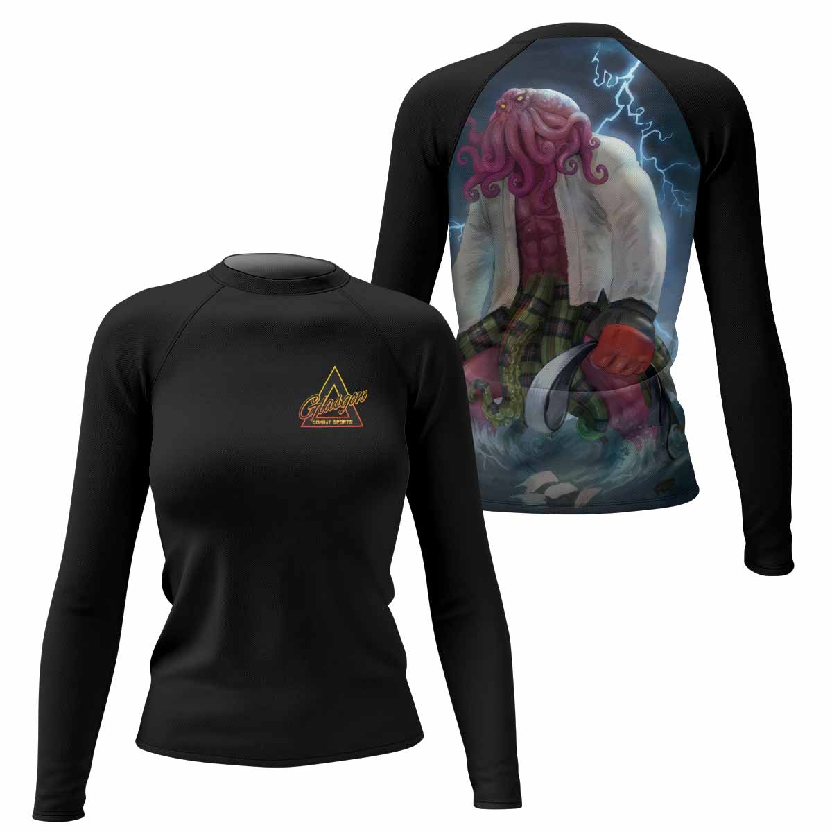 White Ranked Cthulhu Women's Rash Guard Long Sleeve – front and back view
