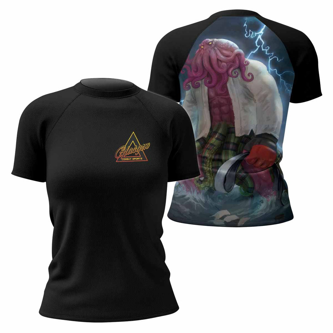 White Ranked Cthulhu Women's Rash Guard Short Sleeve – front and back view