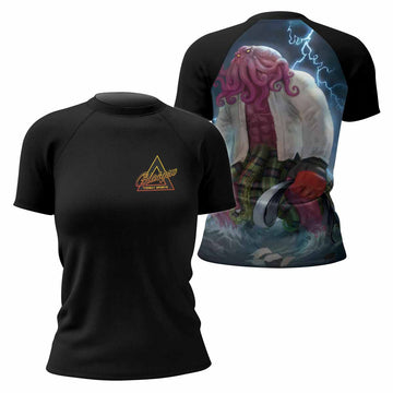 White Ranked Cthulhu Women's Rash Guard Short Sleeve – front and back view