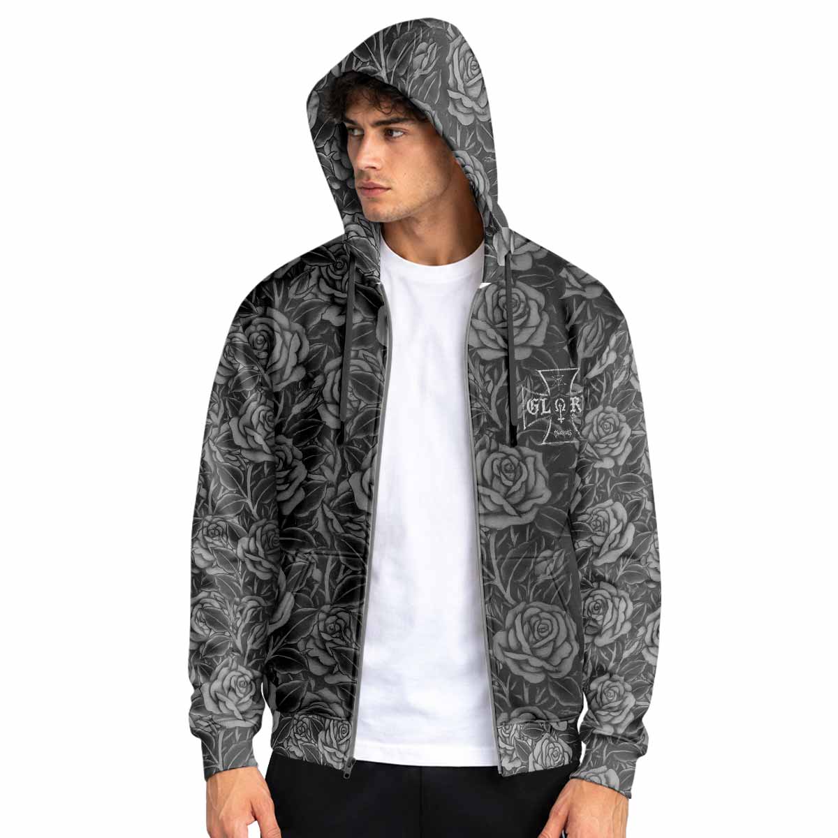 Black Rose Madonna Zip Up Hoodie - men's lifestyle view