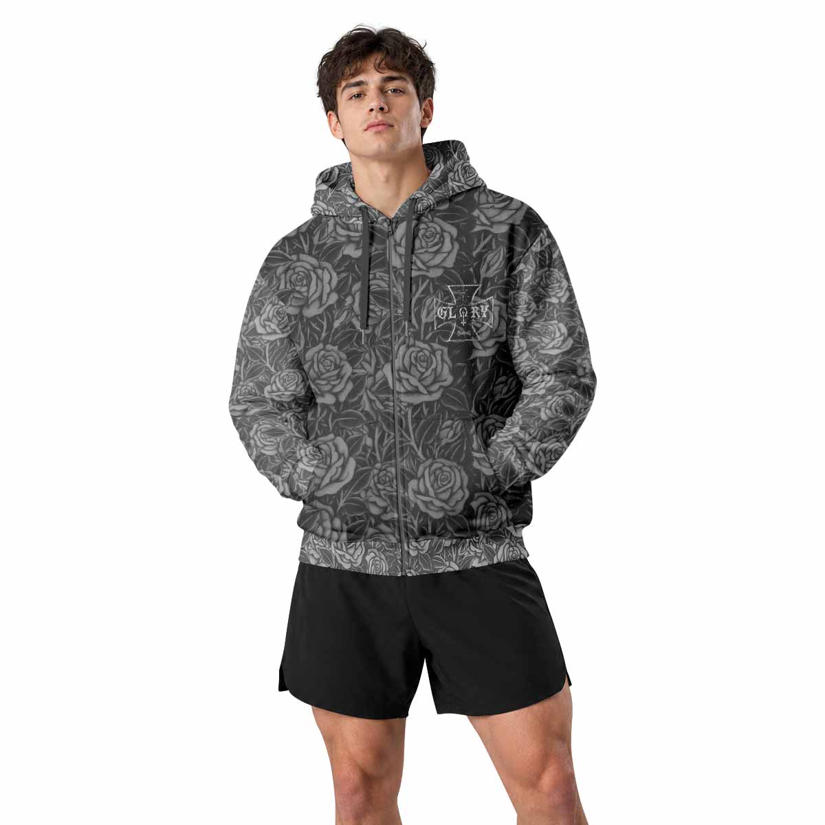 Black Rose Madonna Zip Up Hoodie - men's lifestyle view