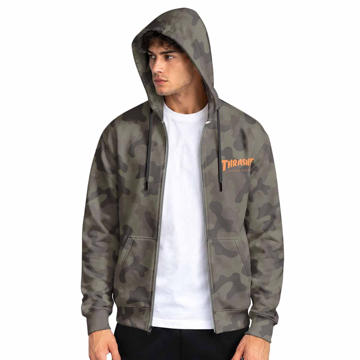 Thrasher Camo Zip Up Hoodie - men's lifestyle view