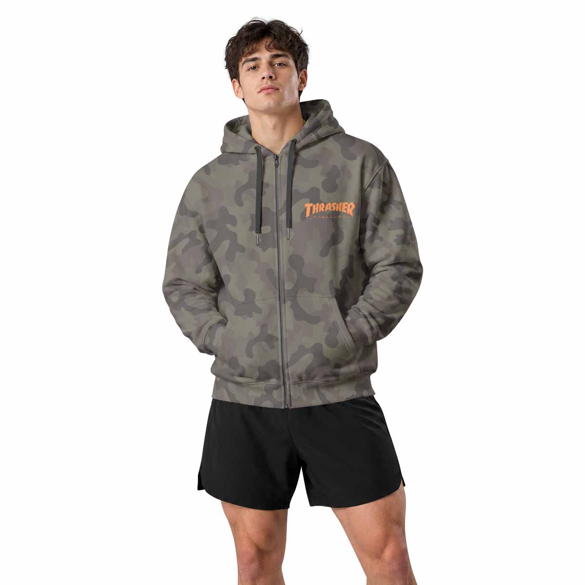 Thrasher Camo Zip Up Hoodie - men's lifestyle view