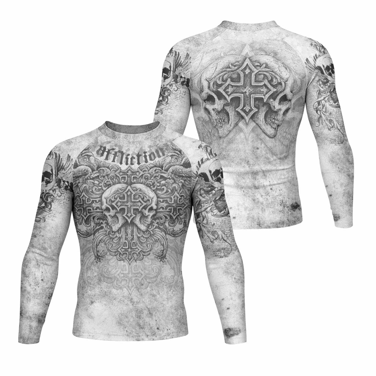 Afflicted Cross Men's Rash Guard Long Sleeve - front and back view