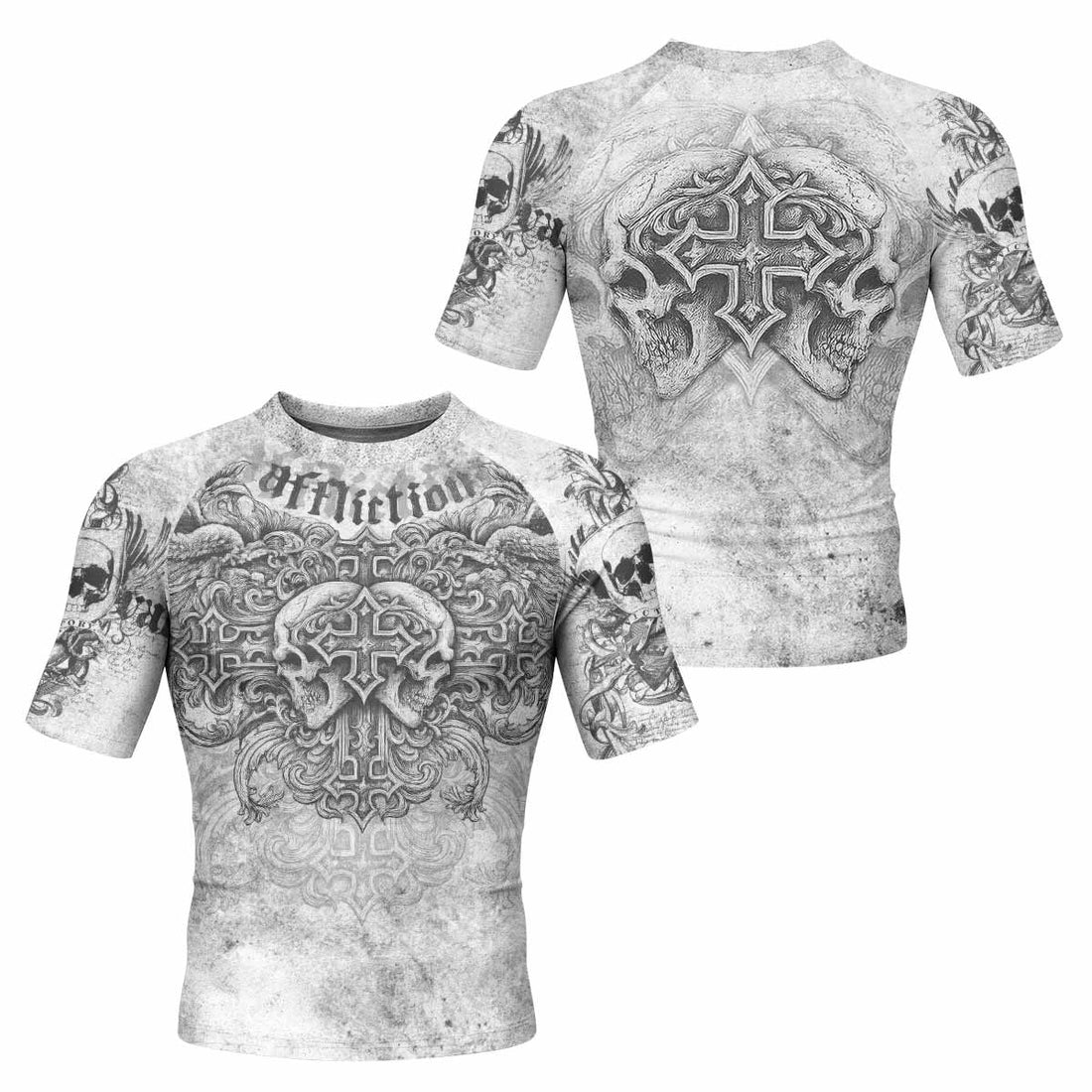 Afflicted Cross Men's Rash Guard Short Sleeve - front and back view