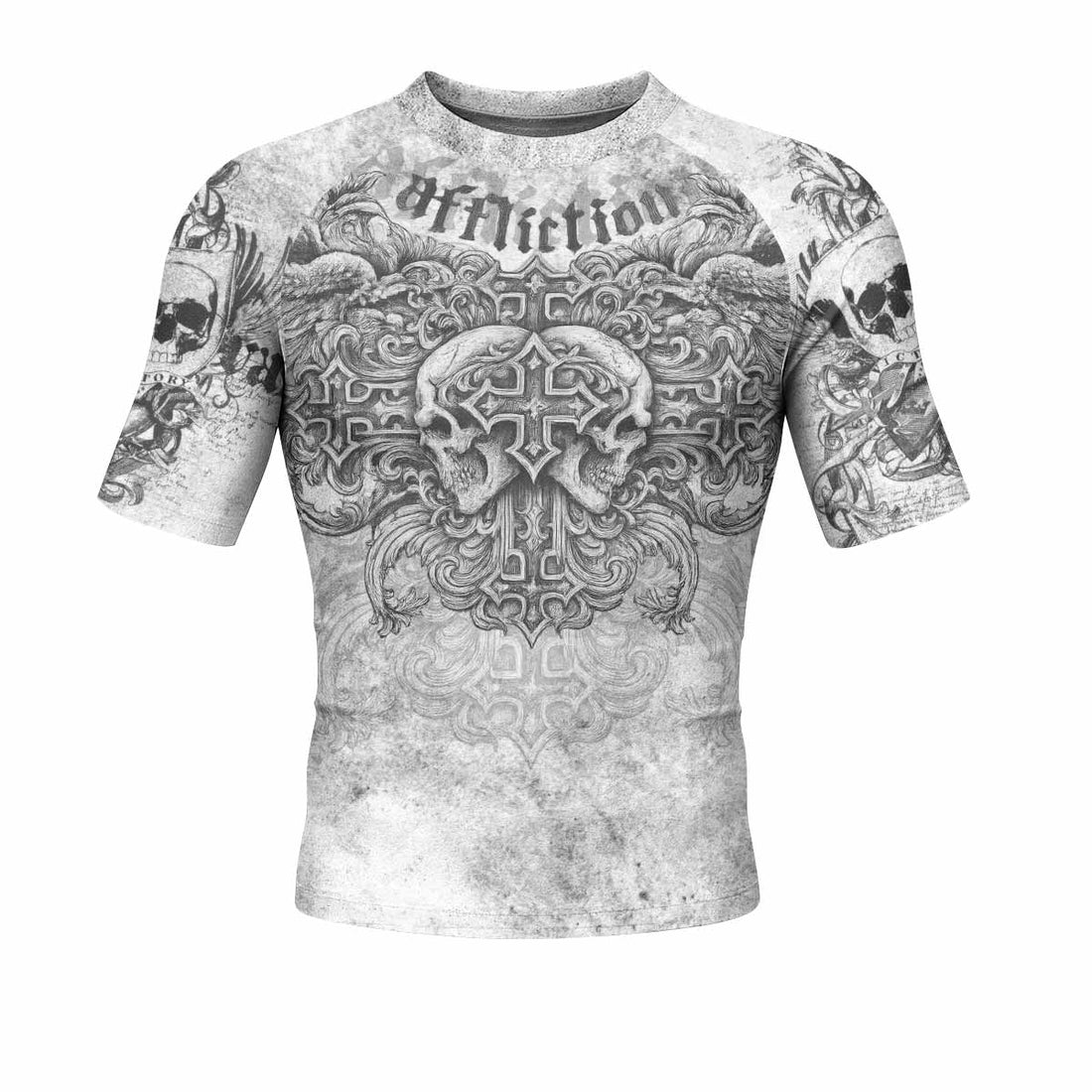 Afflicted Cross Men's Rash Guard Short Sleeve - front and back view