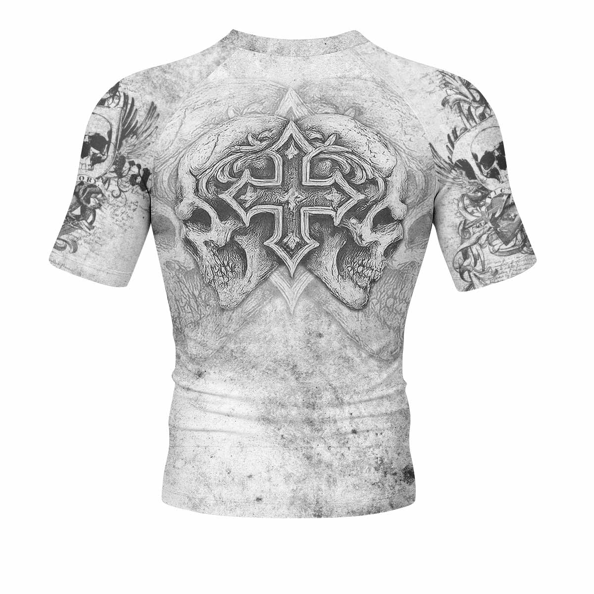 Afflicted Cross Men's Rash Guard Short Sleeve - back view mockup