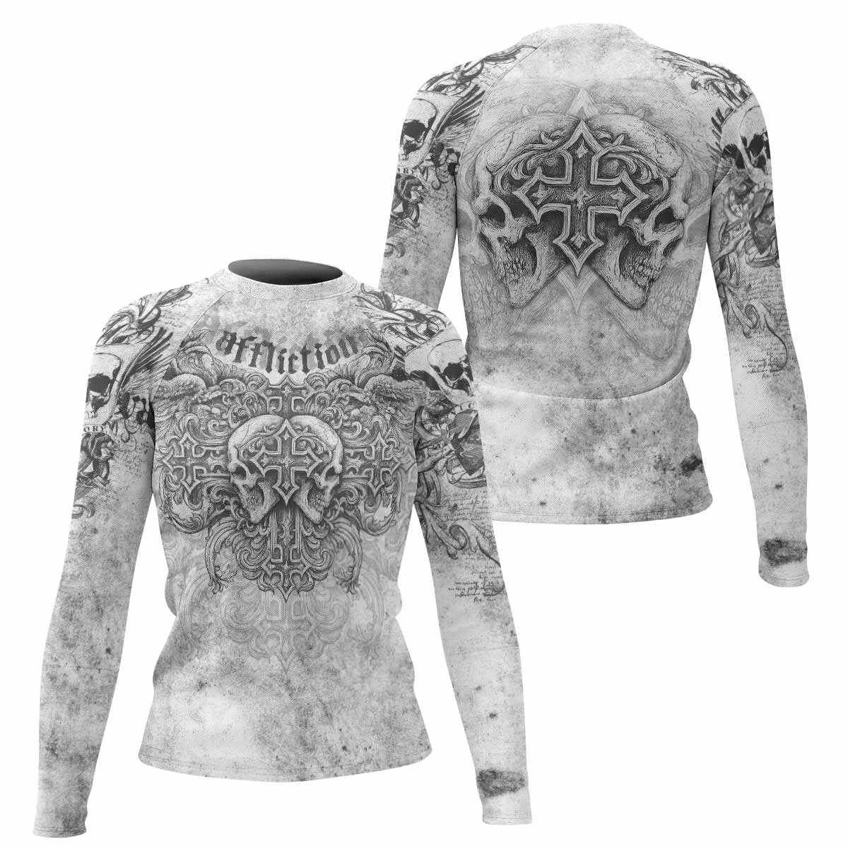 Afflicted Cross Women's Rash Guard Long Sleeve - front and back view