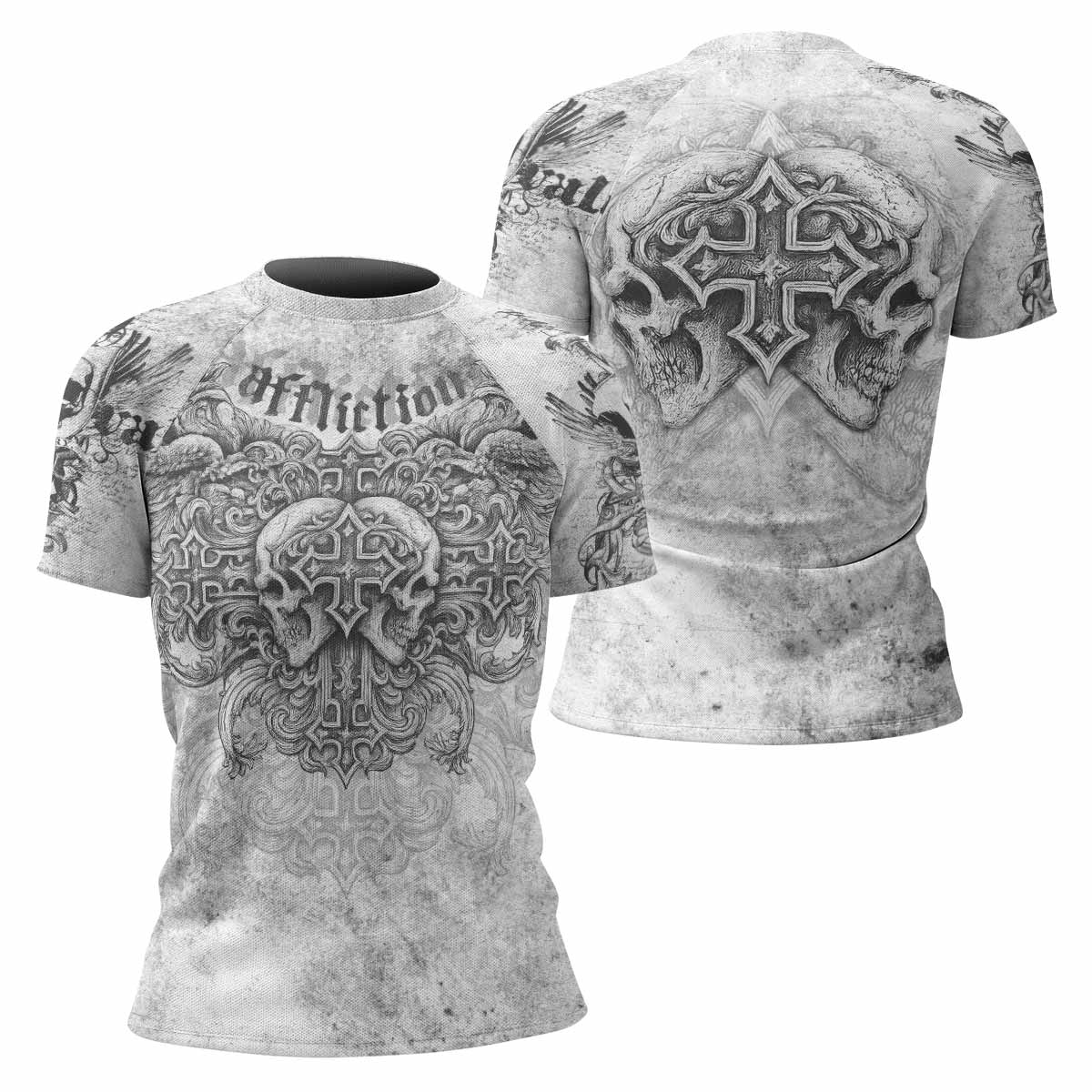 Afflicted Cross Women's Rash Guard Short Sleeve - front and back view