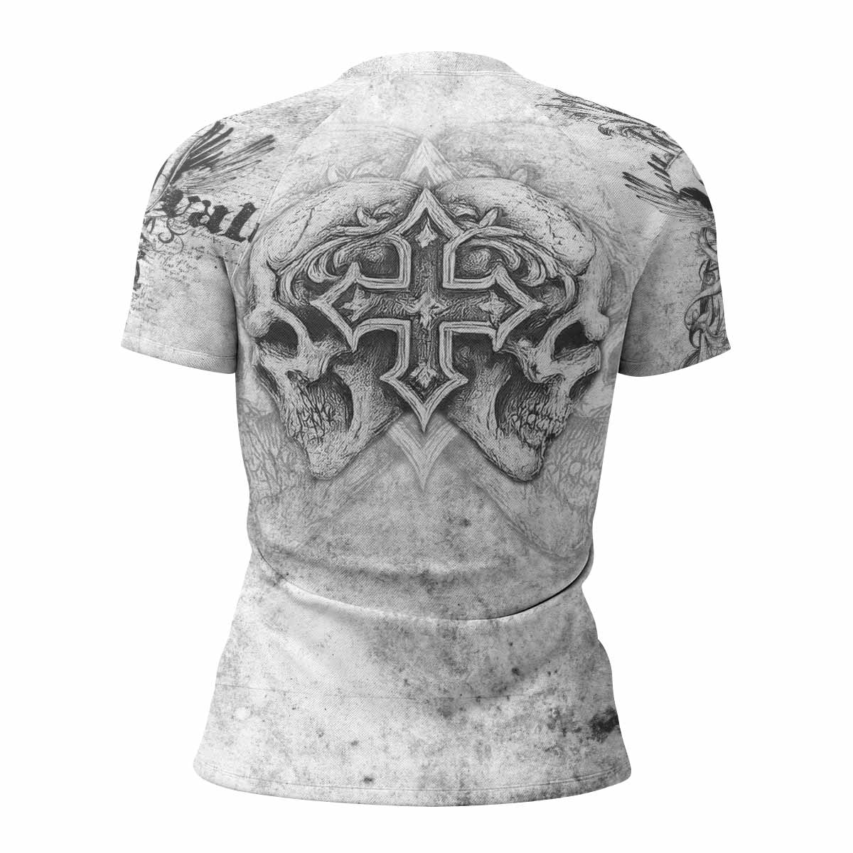 Afflicted Cross Women's Rash Guard Short Sleeve - back view mockup