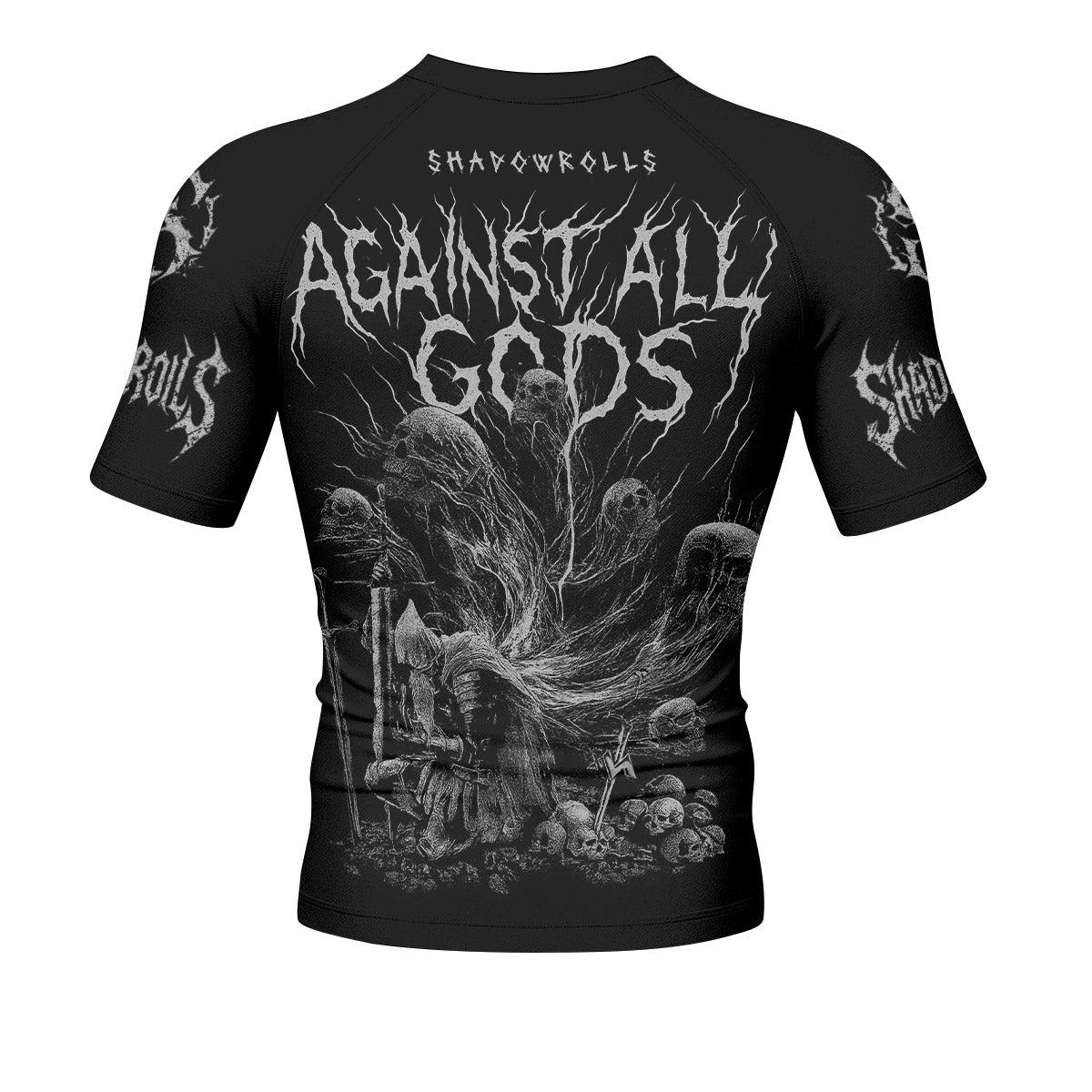 Against All Gods Men’s Short Sleeve Rash Guard - back view mockup