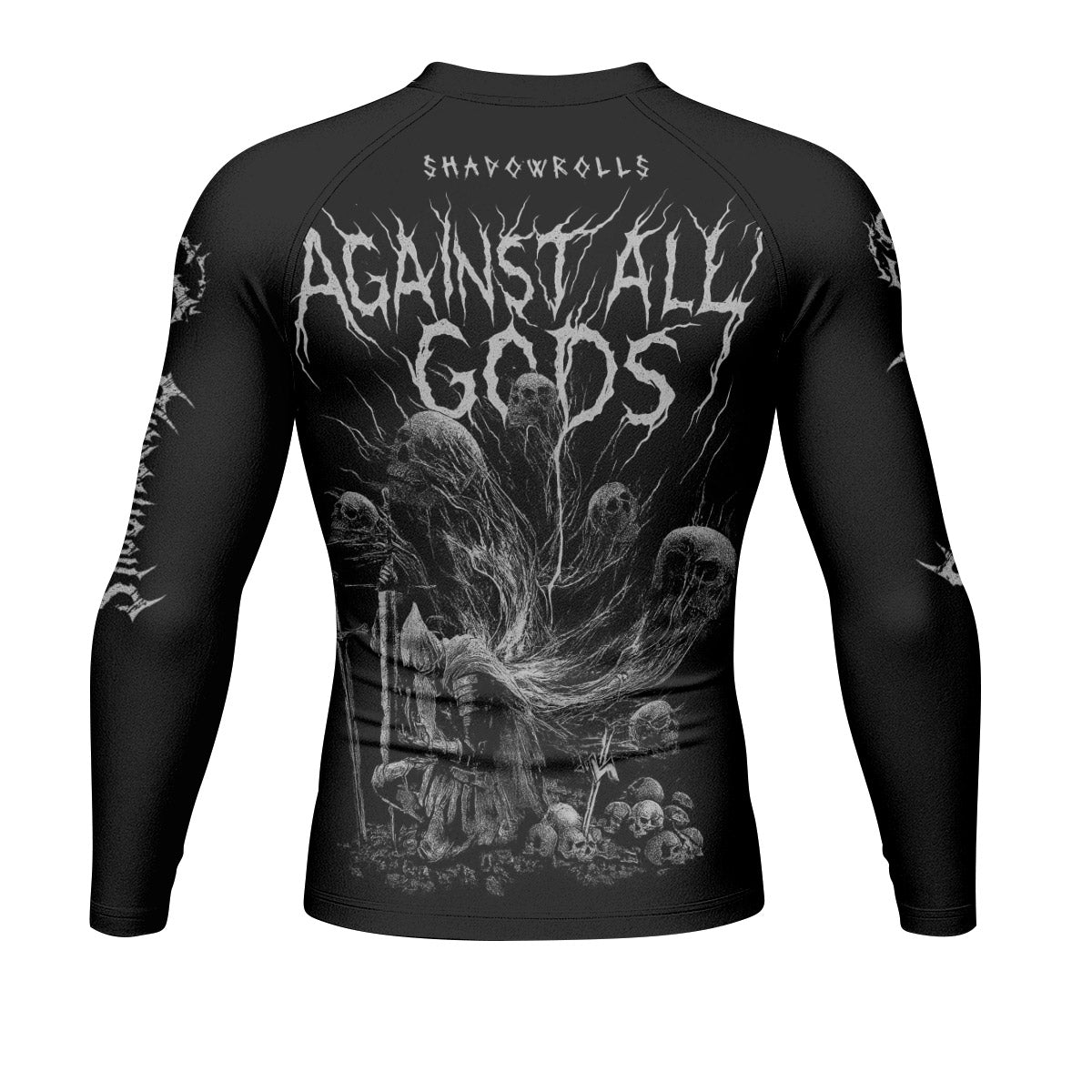 Against All Gods Men’s Long Sleeve Rash Guard - back view mockup