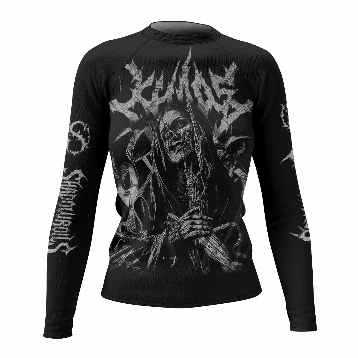 Against All Gods Women’s Long Sleeve Rash Guard - front view mockup