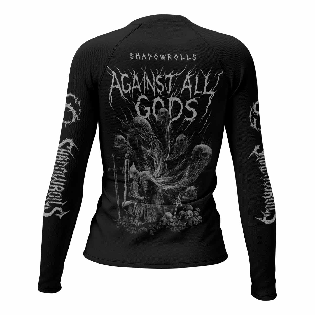 Against All Gods Women’s Long Sleeve Rash Guard - back view mockup
