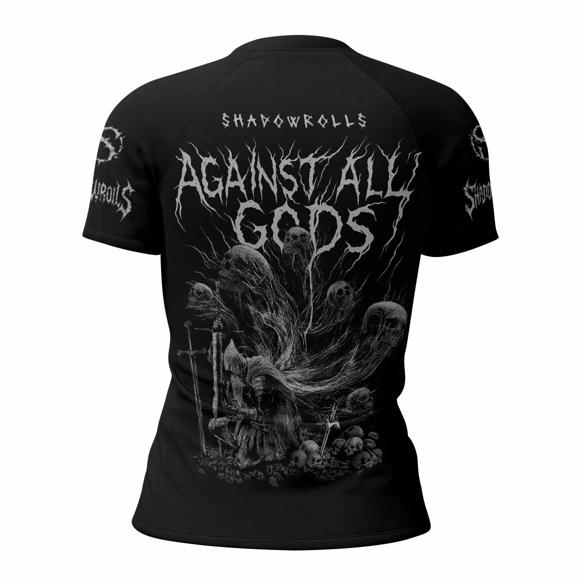 Against All Gods Women’s Short Sleeve Rash Guard - back view mockup