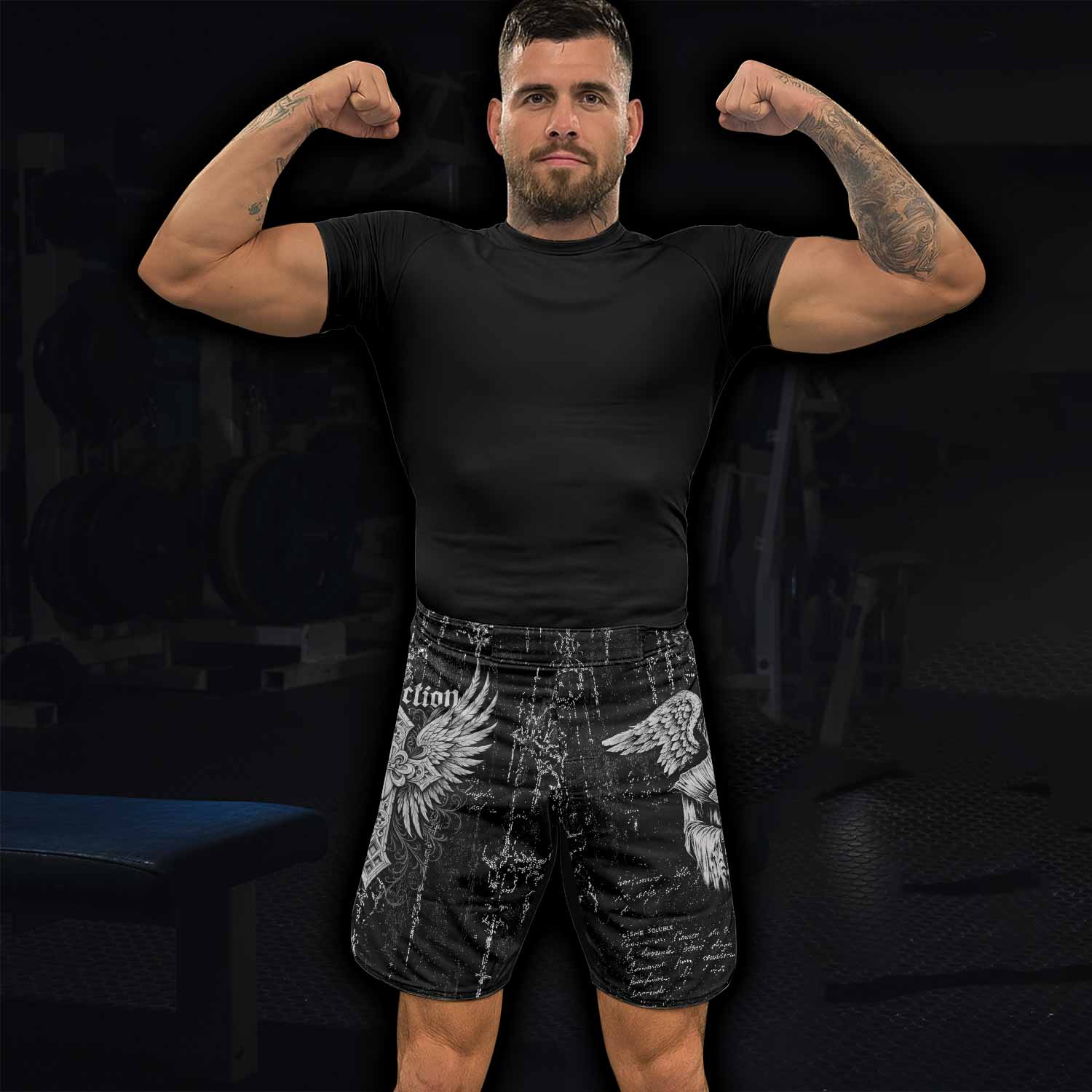 Angel of Death Fight Shorts – lifestyle view