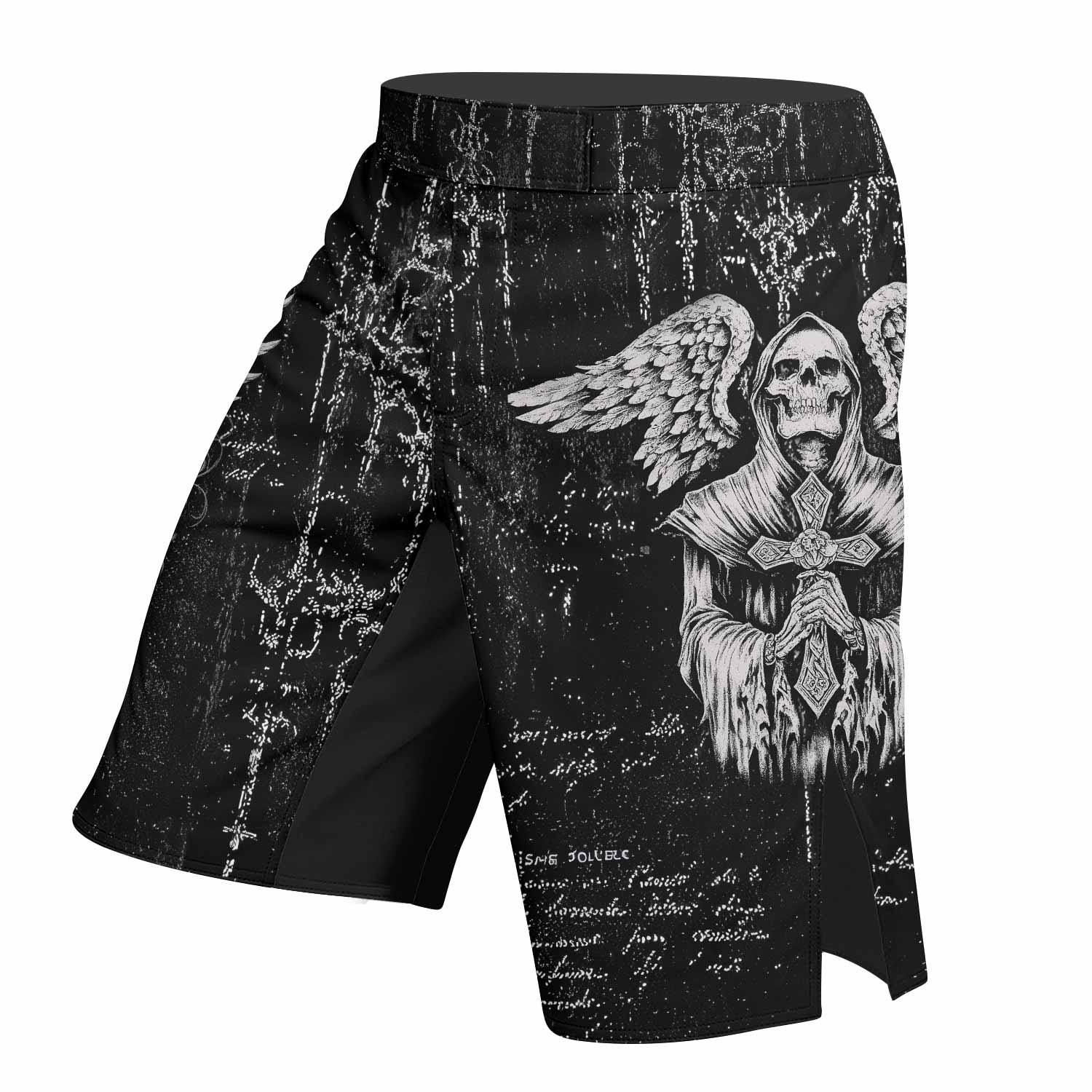 Angel of Death Fight Shorts – left side mockup