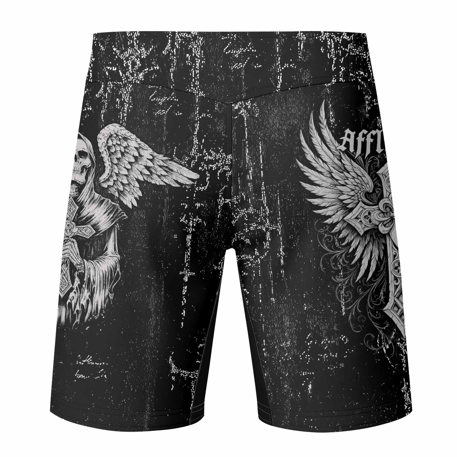 Angel of Death Fight Shorts – back view mockup