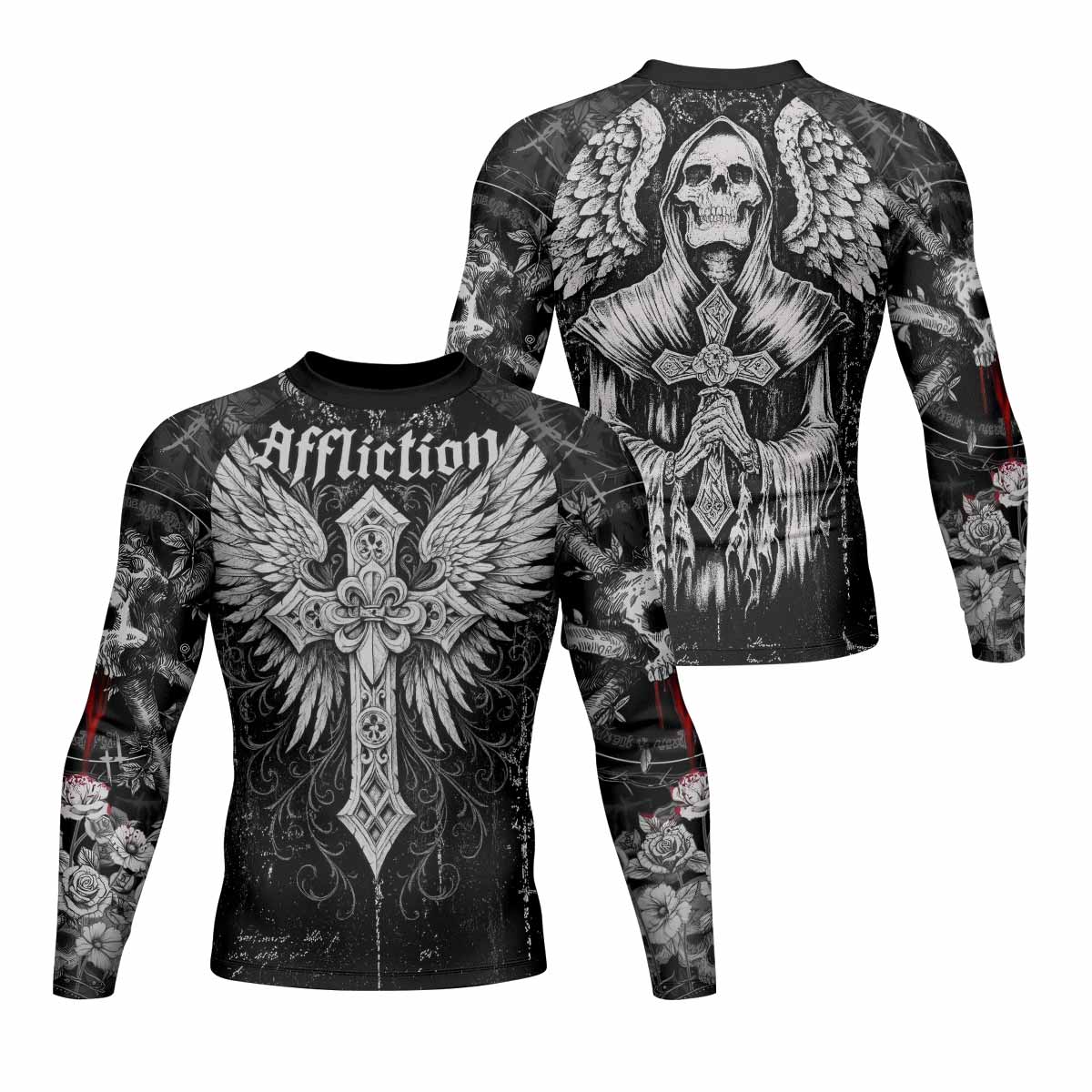 Angel of Death Men's Rash Guard Long Sleeve – front and back view