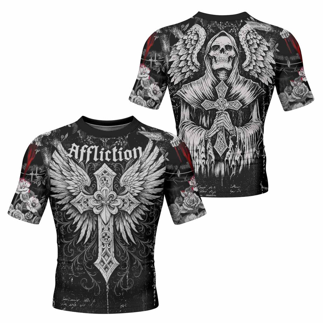 Angel of Death Men's Rash Guard Short Sleeve – front and back view