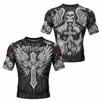 Angel of Death Men's Rash Guard Short Sleeve – front and back view