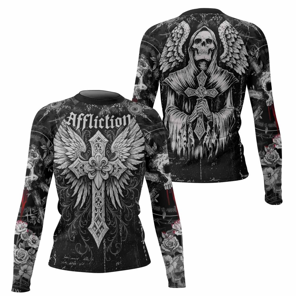 Angel of Death Women's Rash Guard Long Sleeve – front and back view
