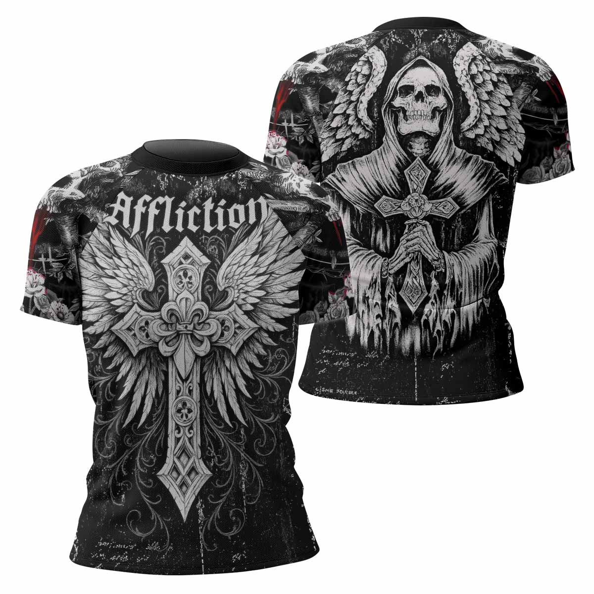 Angel of Death Women's Rash Guard Short Sleeve – front and back view