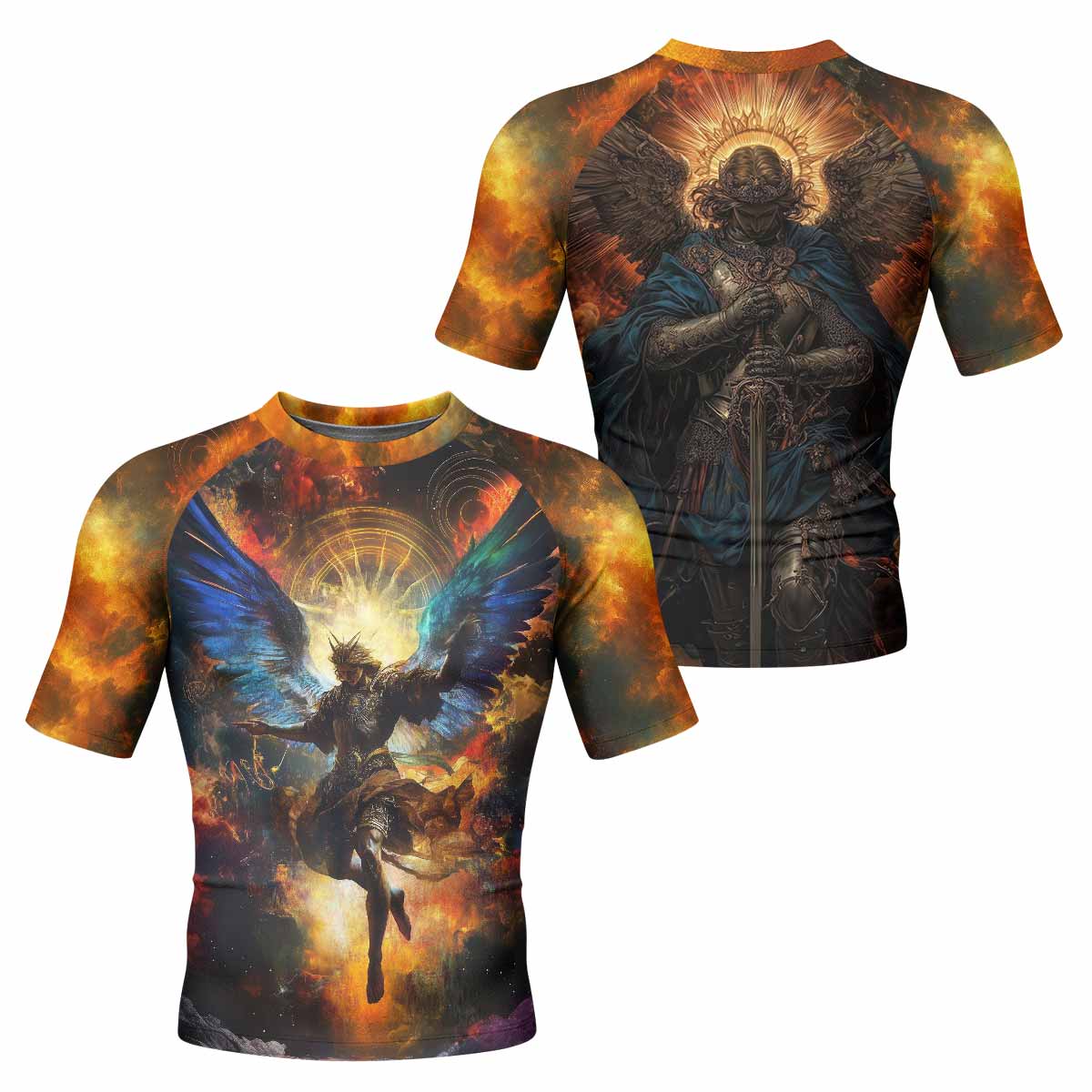 Archangel Michael Men's Rash Guard Short Sleeve - front and back view